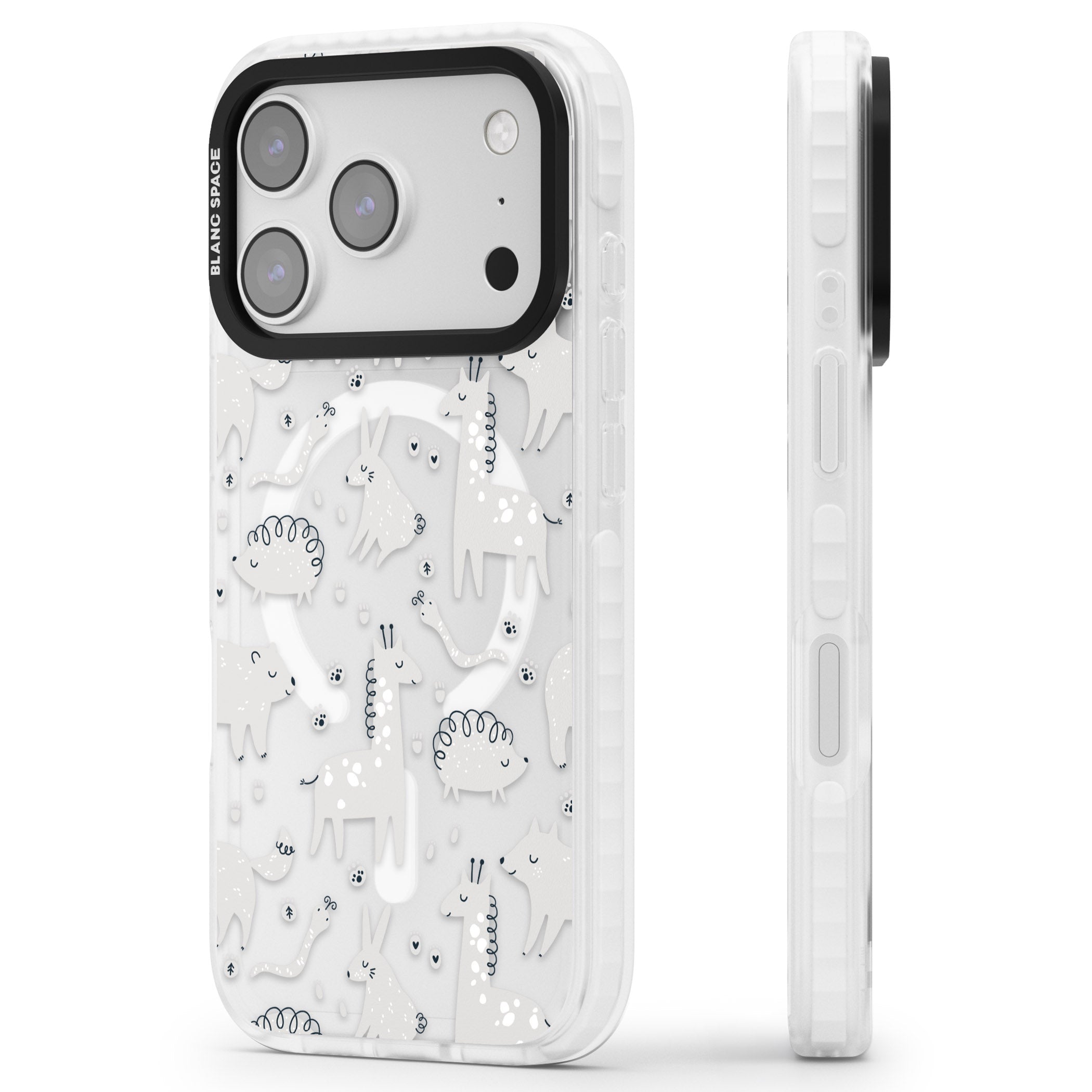 Monochrome Animal Party iPhone 17 Pro Max Impact Pro Clear Phone Case Side Profile