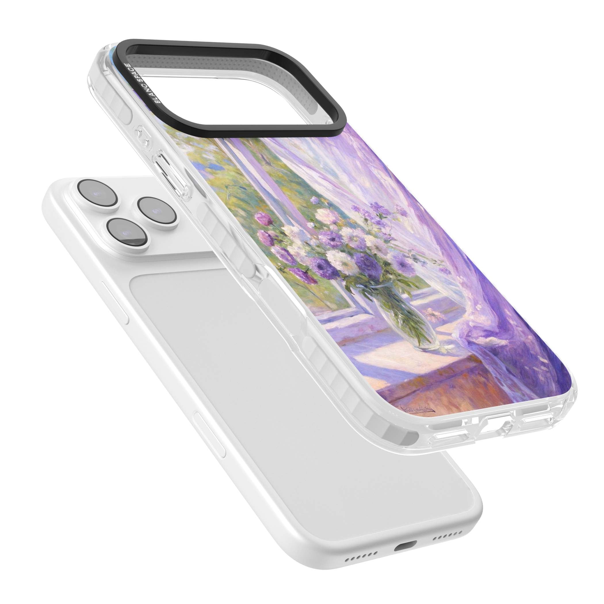 A Provence Morning impressionist art iPhone case featuring a vase of purple flowers, sunlit window and sheer curt | Impact Magsafe case for iPhone 17 Pro, iPhone 17 Pro Max