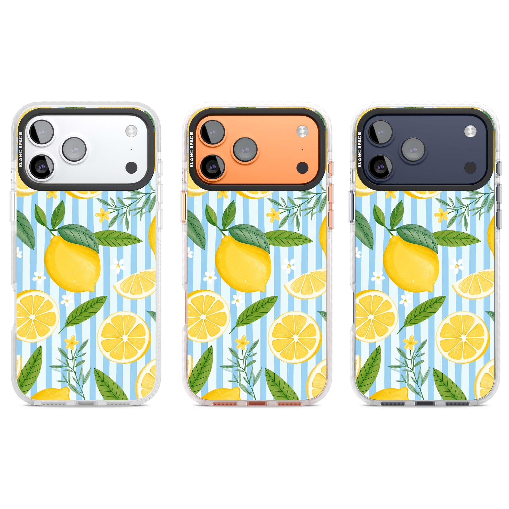 Capri Citrus Stripe coastal iPhone case featuring yellow lemons, blue stripes, and white daisy blossoms | Impact Magsafe case for iPhone 17 Pro, iPhone 17 Pro Max