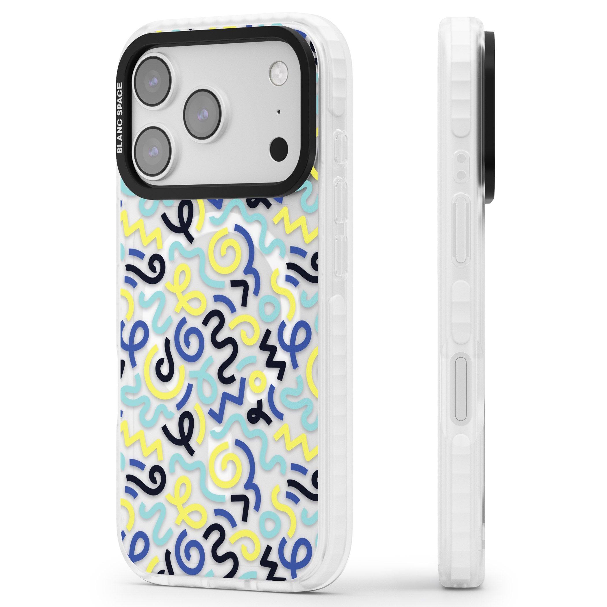 Blue & Yellow Memphis Retro iPhone 17 Pro Max Impact Pro Clear Phone Case Side Profile