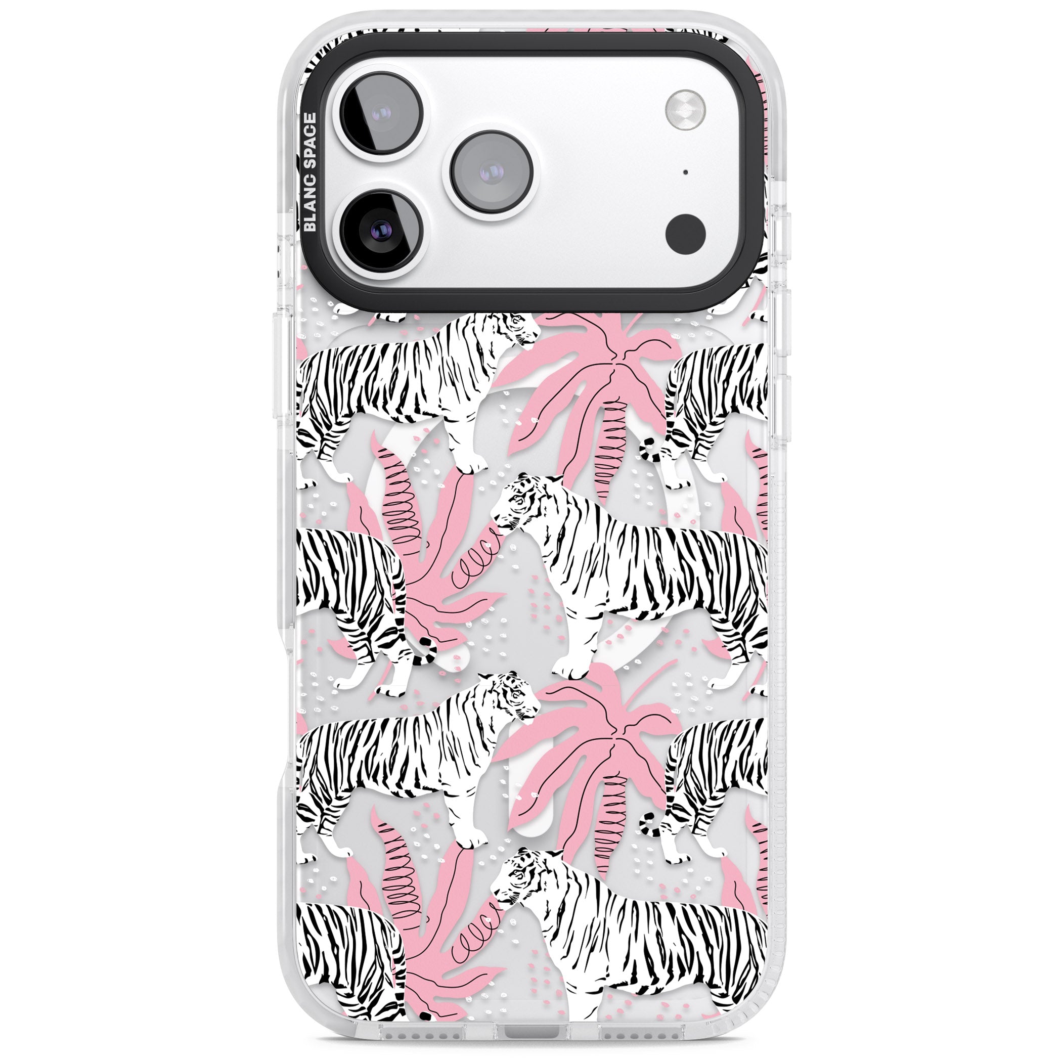 Pink & White Tropical Tigers iPhone 17 Pro Max Impact Pro Clear Phone Case