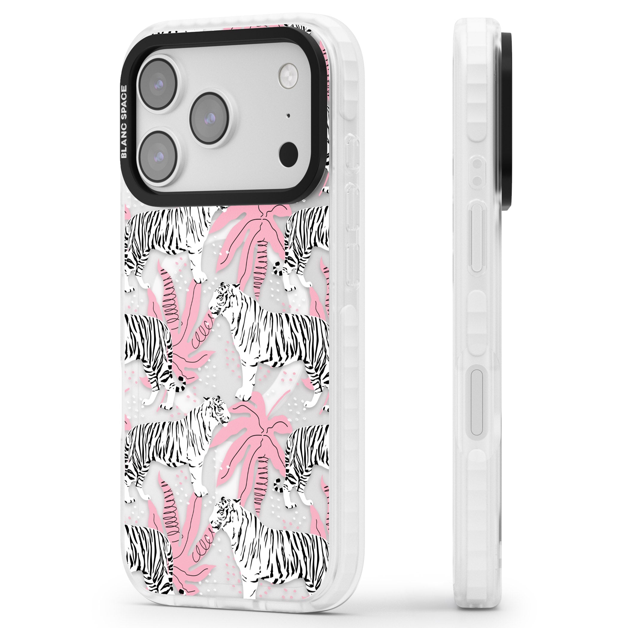Pink & White Tropical Tigers iPhone 17 Pro Max Impact Pro Clear Phone Case Side Profile