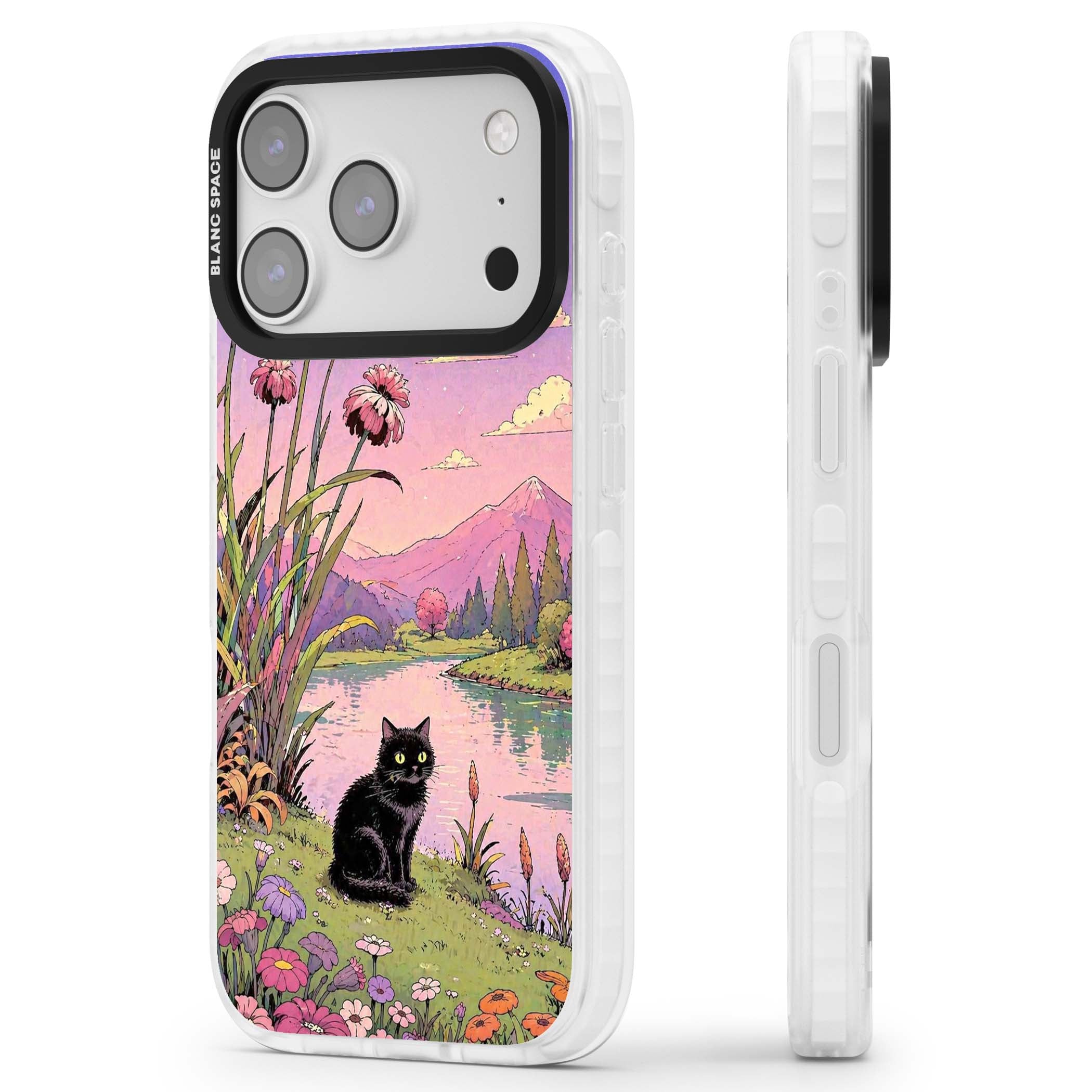 Mystic Whiskers ghibli iPhone case featuring a black cat by a pastel lake, wildflowers and a starry sunset sky | Impact Magsafe case for iPhone 17 Pro, iPhone 17 Pro Max