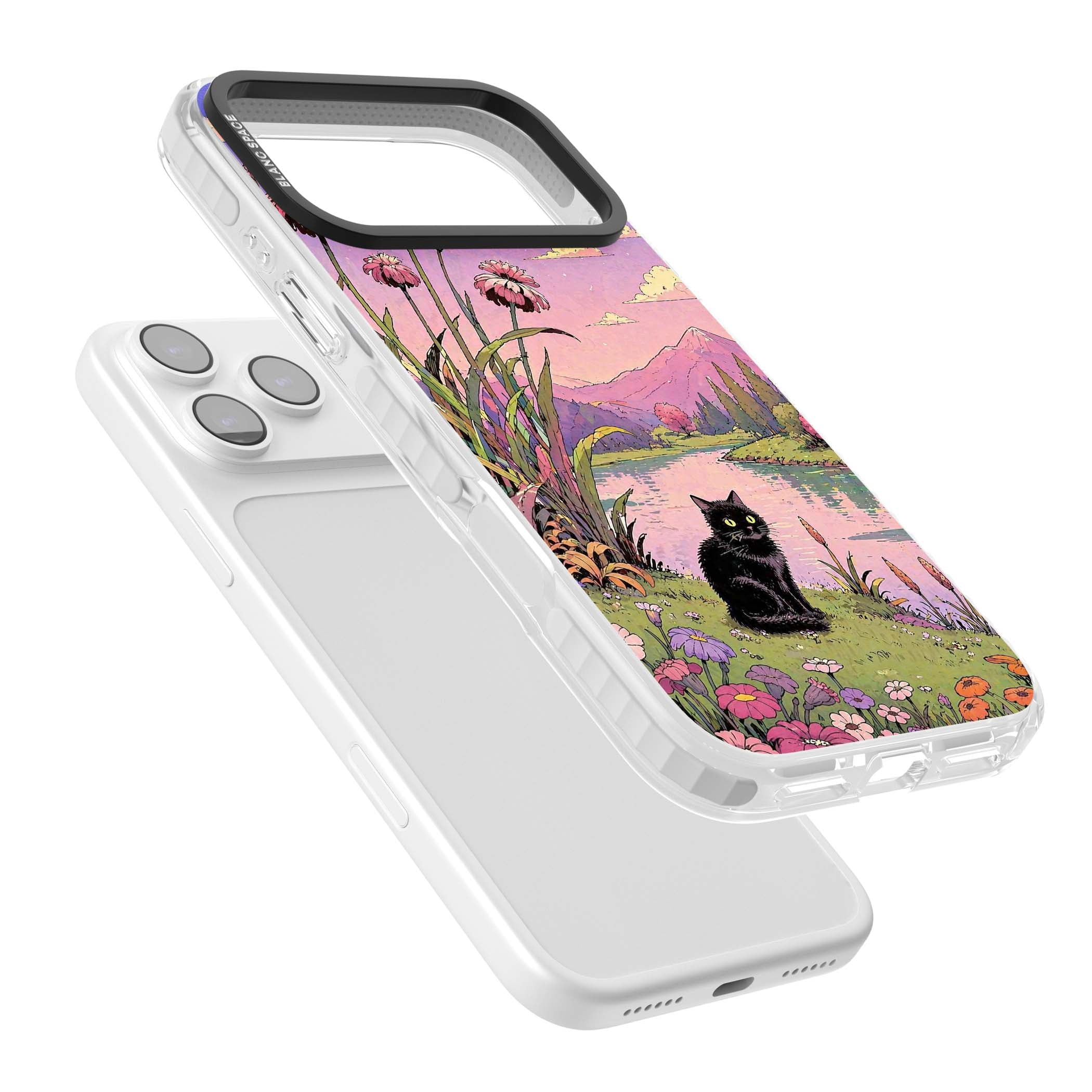 Mystic Whiskers ghibli iPhone case featuring a black cat by a pastel lake, wildflowers and a starry sunset sky | Impact Magsafe case for iPhone 17 Pro, iPhone 17 Pro Max
