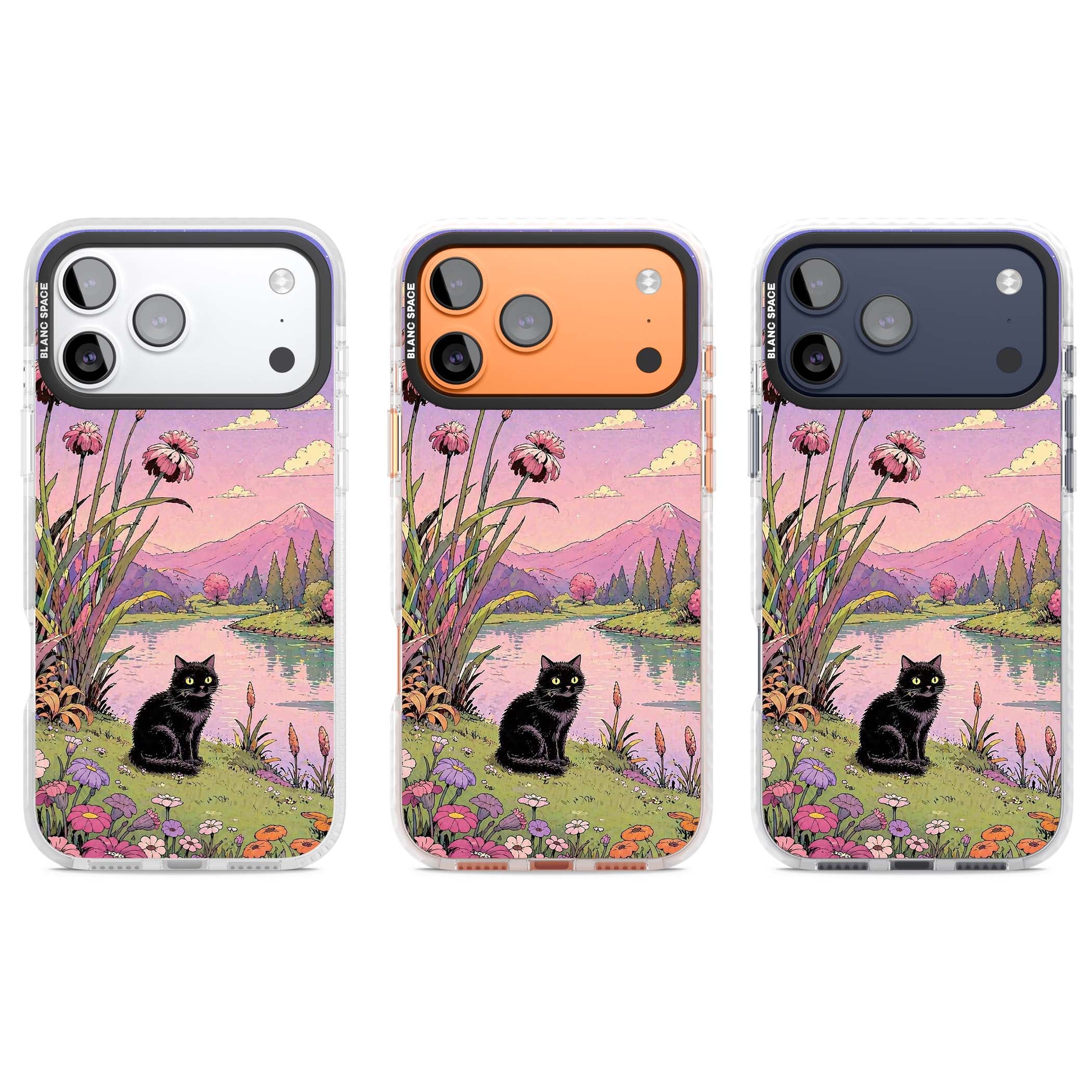 Mystic Whiskers ghibli iPhone case featuring a black cat by a pastel lake, wildflowers and a starry sunset sky | Impact Magsafe case for iPhone 17 Pro, iPhone 17 Pro Max
