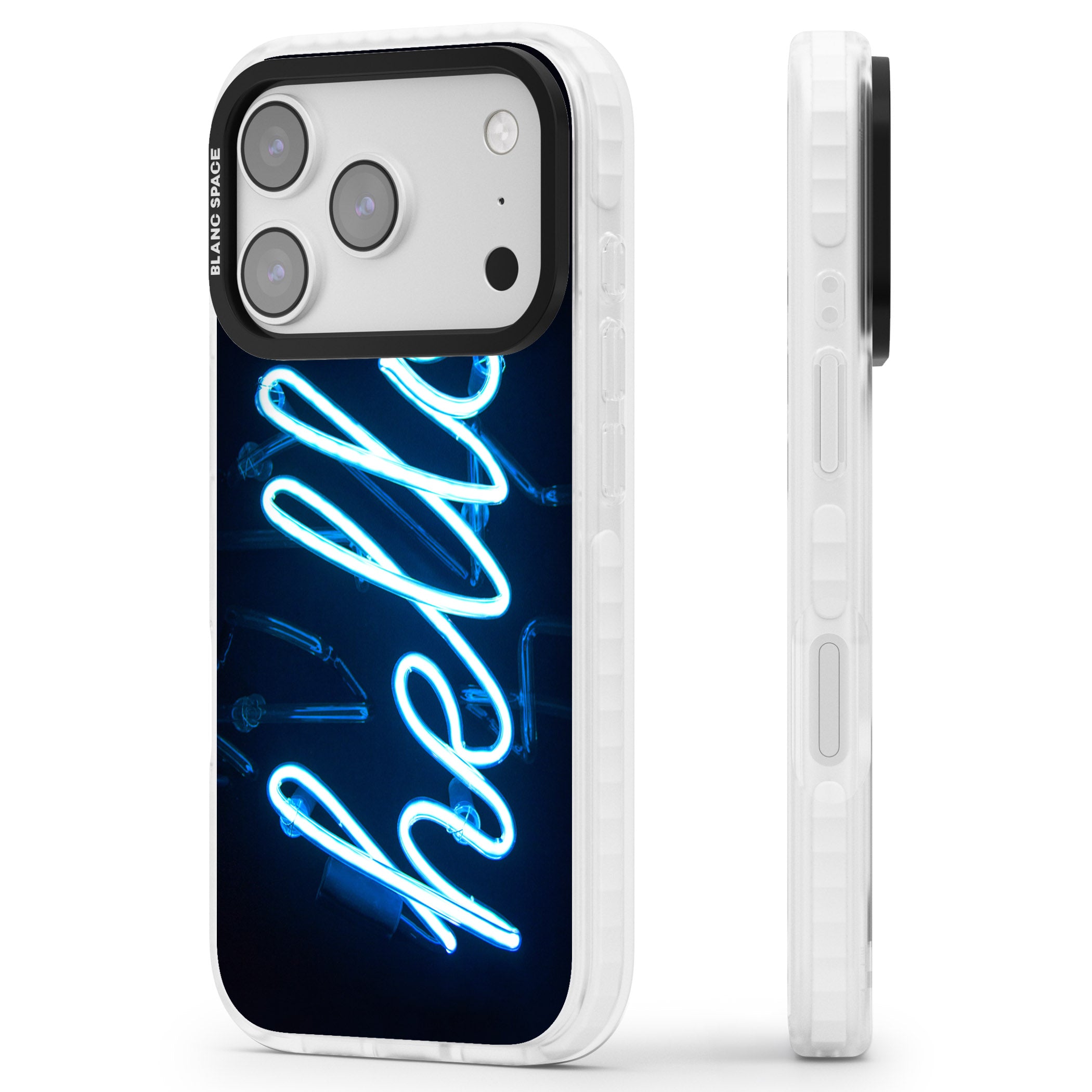 Hello Neon Sign iPhone 17 Pro Max Impact Pro Clear Phone Case Side Profile