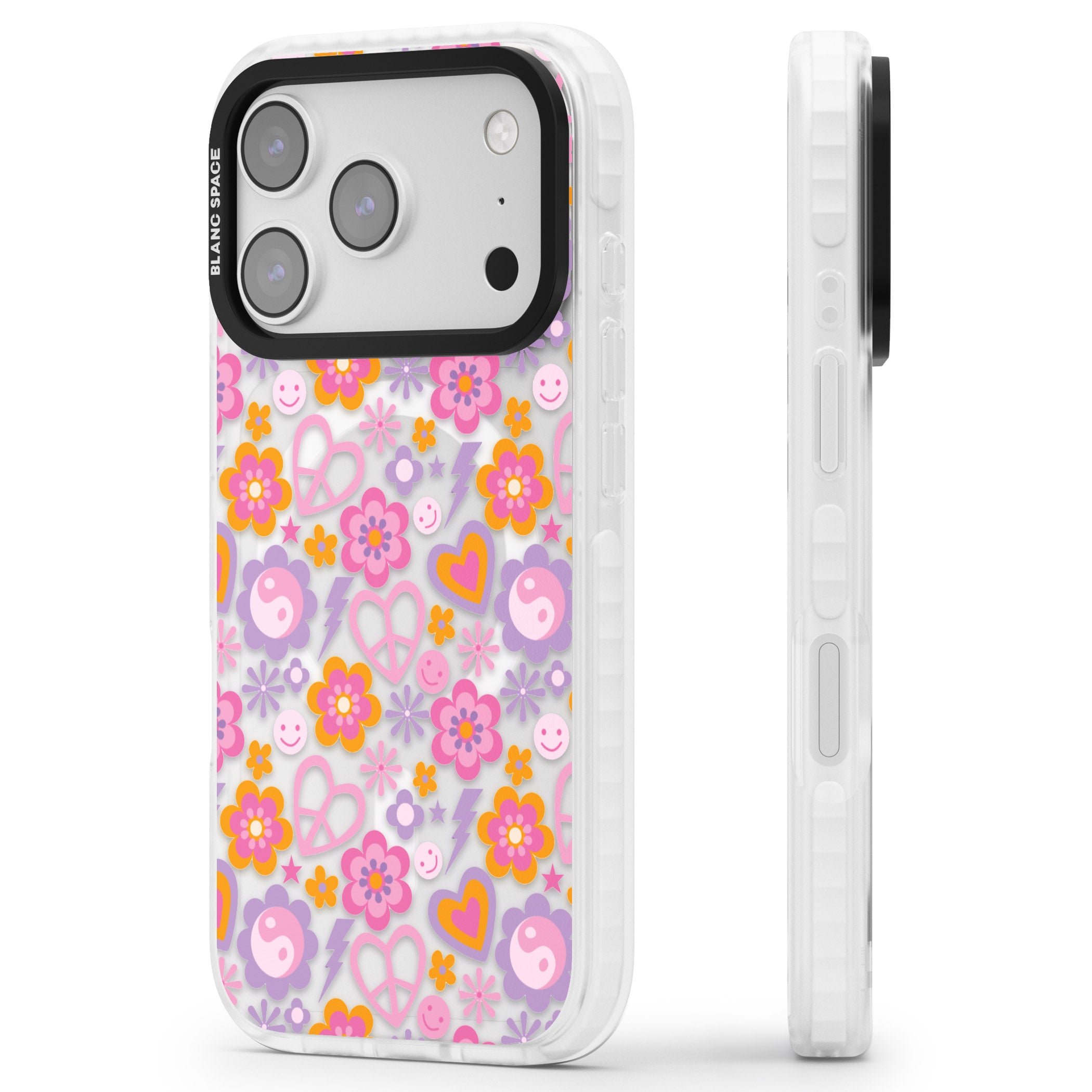 Peace, Love And Flowers Pattern iPhone 17 Pro Max Impact Pro Clear Phone Case Side Profile