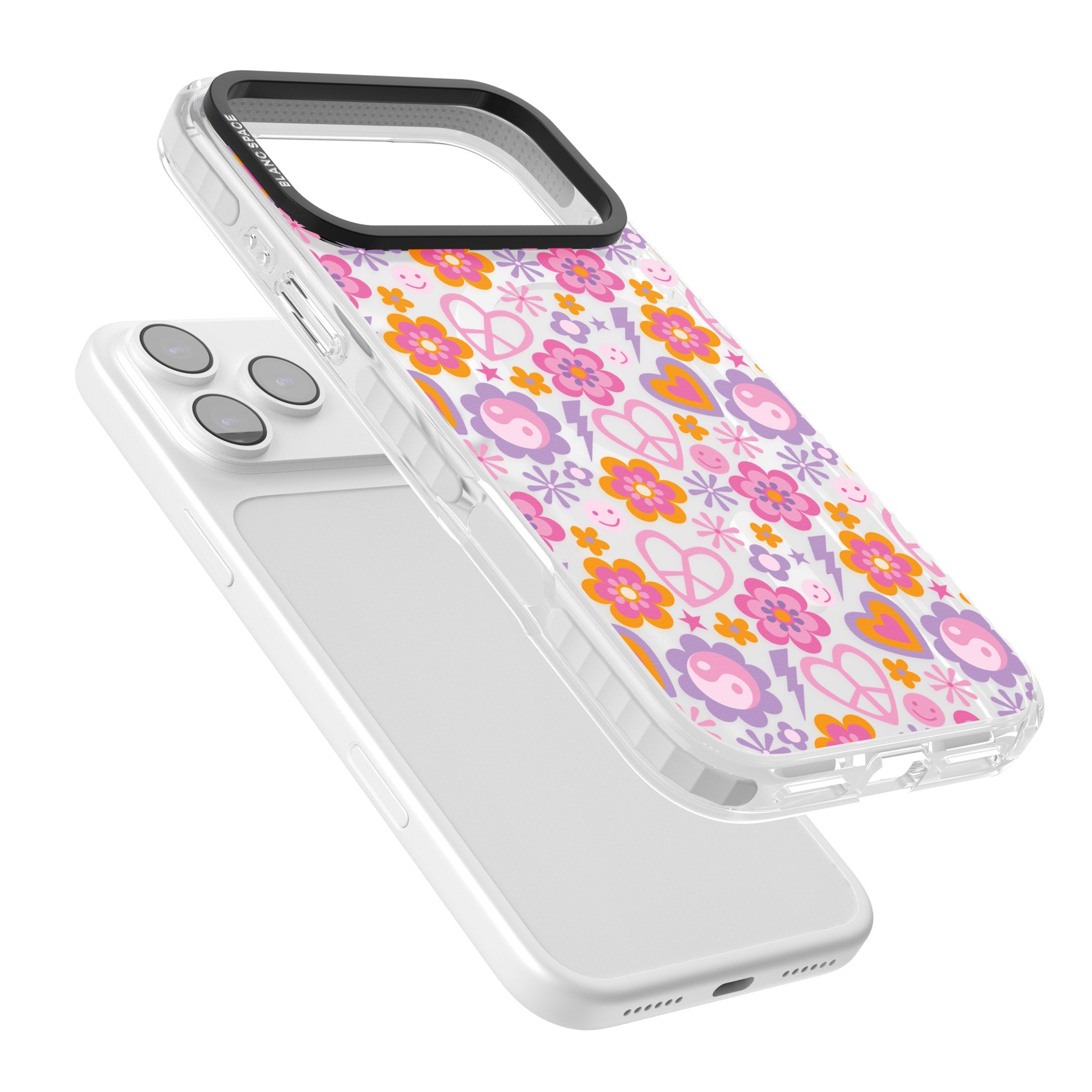 Peace, Love And Flowers Pattern iPhone 17 Pro Max Impact Pro Clear Phone Case Colours