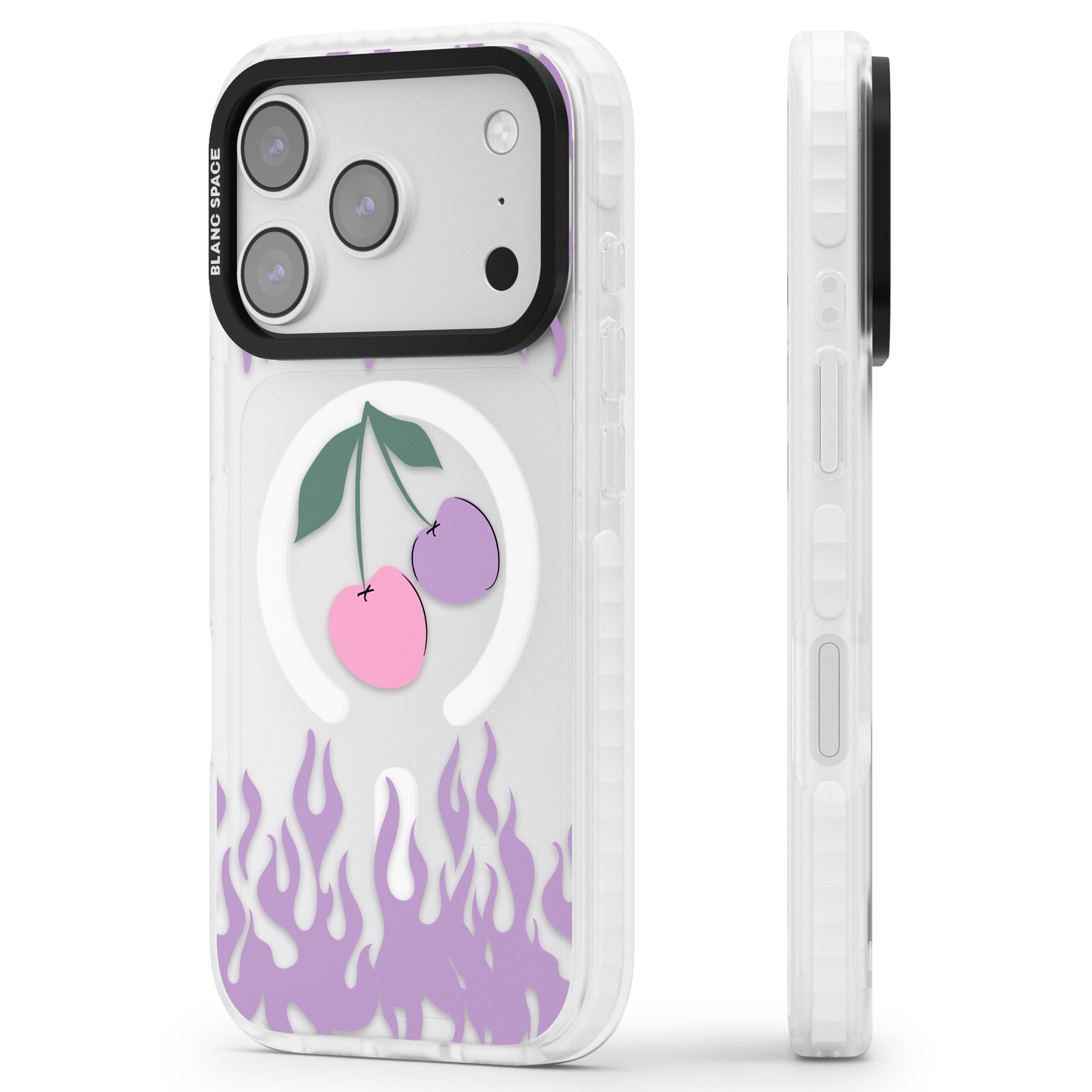 Cherries N' Flames iPhone 17 Pro Max Impact Pro Clear Phone Case Side Profile