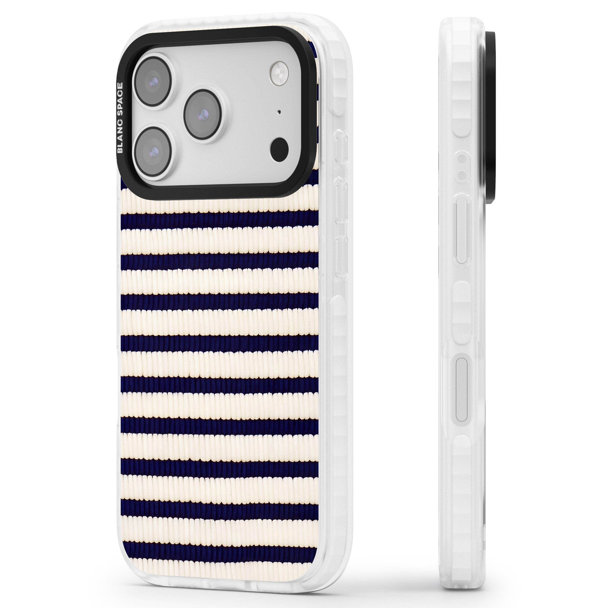 Navy & Cream Stripes iPhone 17 Pro Max Impact Pro Clear Phone Case Side Profile
