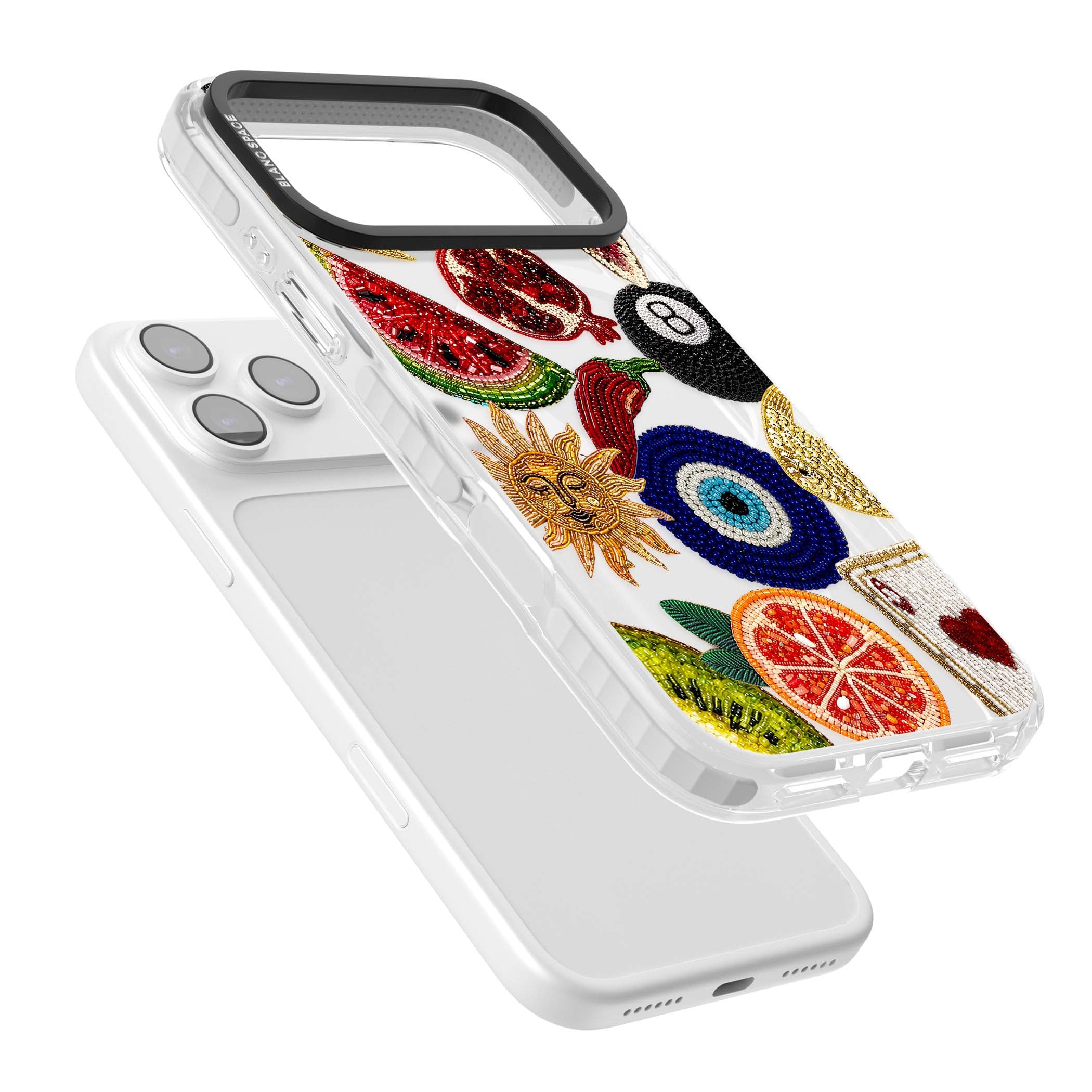 Beaded Charms embroidery iPhone case featuring beaded evil eye, fruit patches and a golden sun motif | Impact Magsafe case for iPhone 17 Pro, iPhone 17 Pro Max
