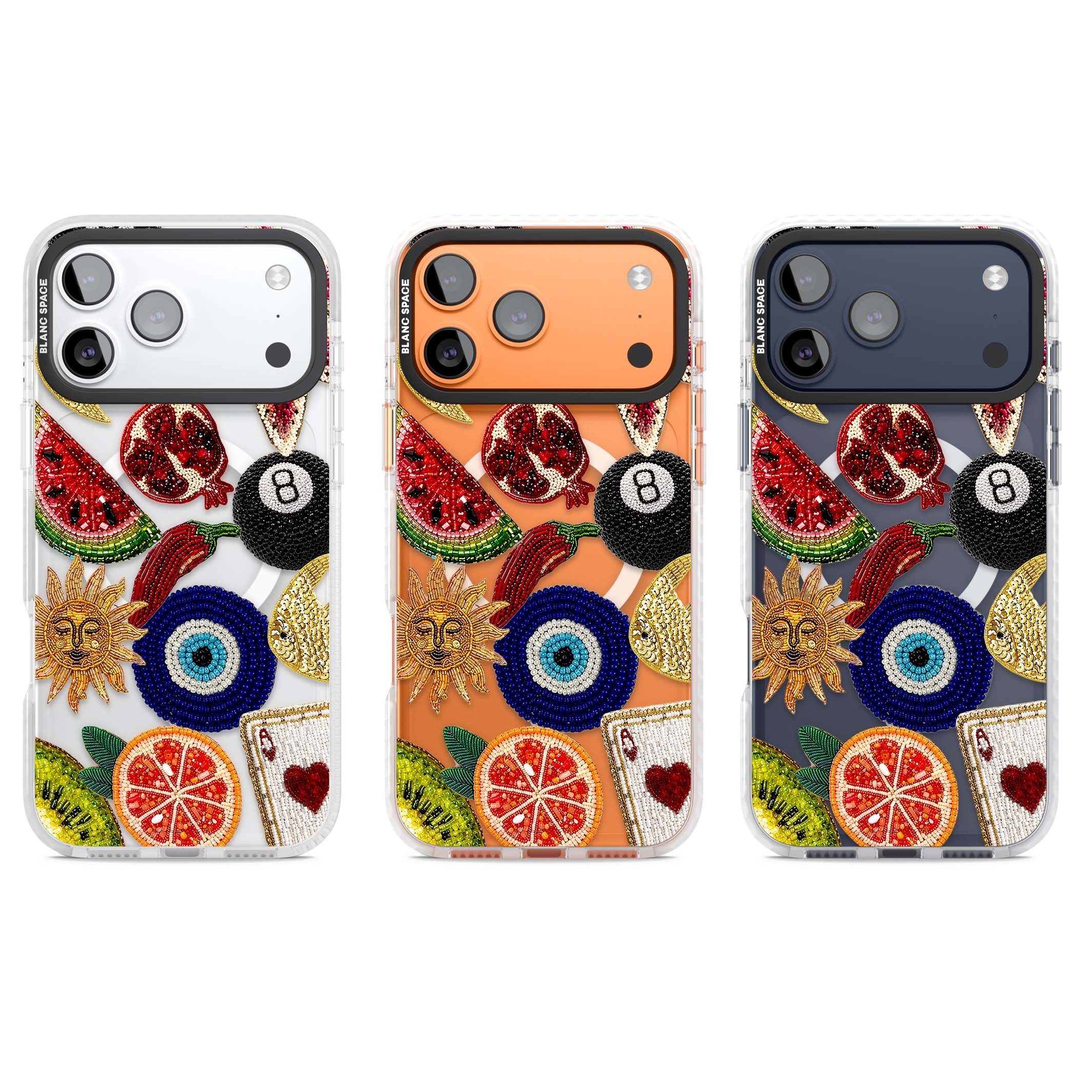 Beaded Charms embroidery iPhone case featuring beaded evil eye, fruit patches and a golden sun motif | Impact Magsafe case for iPhone 17 Pro, iPhone 17 Pro Max