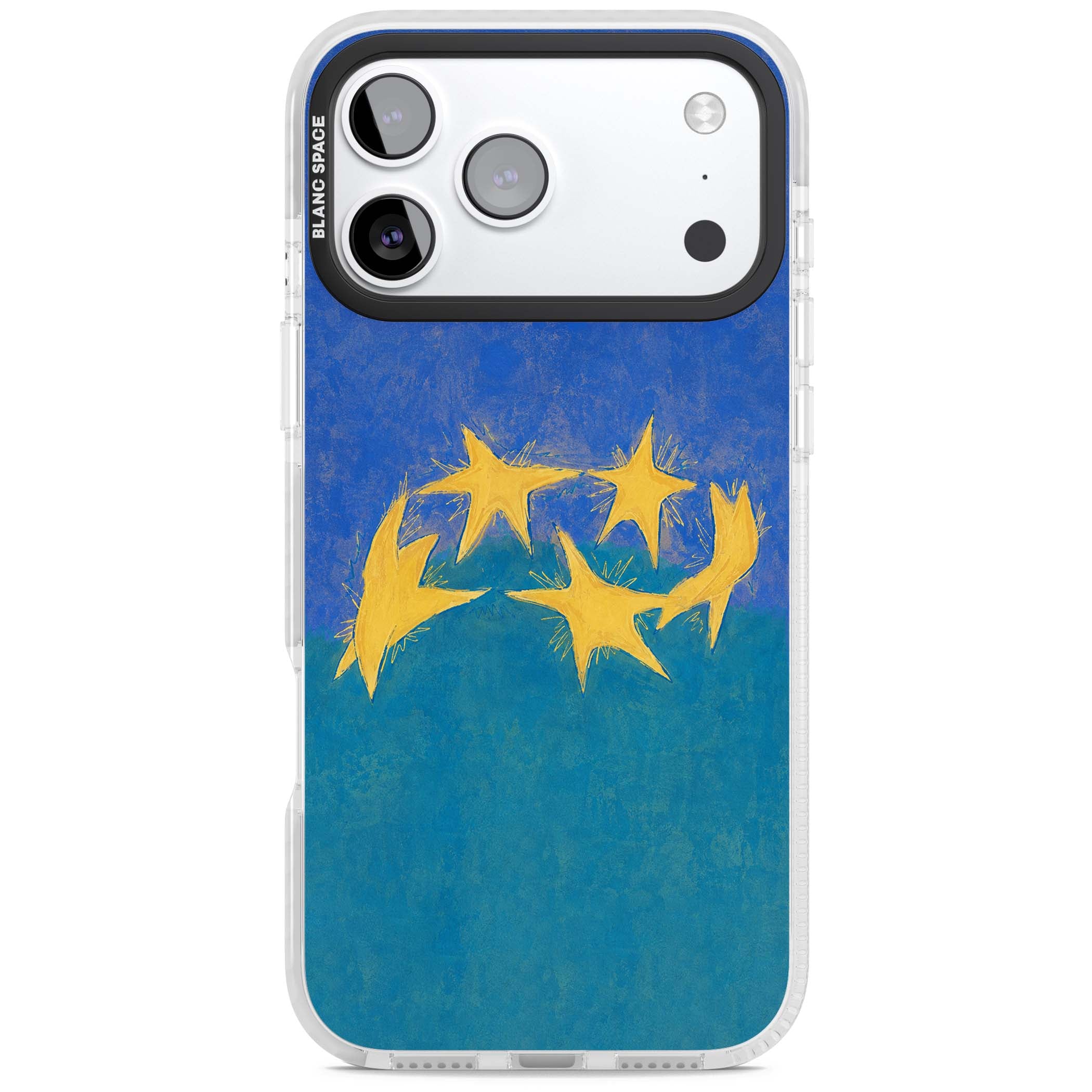 Star Boogie stars aesthetic iPhone case featuring five yellow hand-painted stars on cobalt blue and teal | Impact Magsafe case for iPhone 17 Pro, iPhone 17 Pro Max