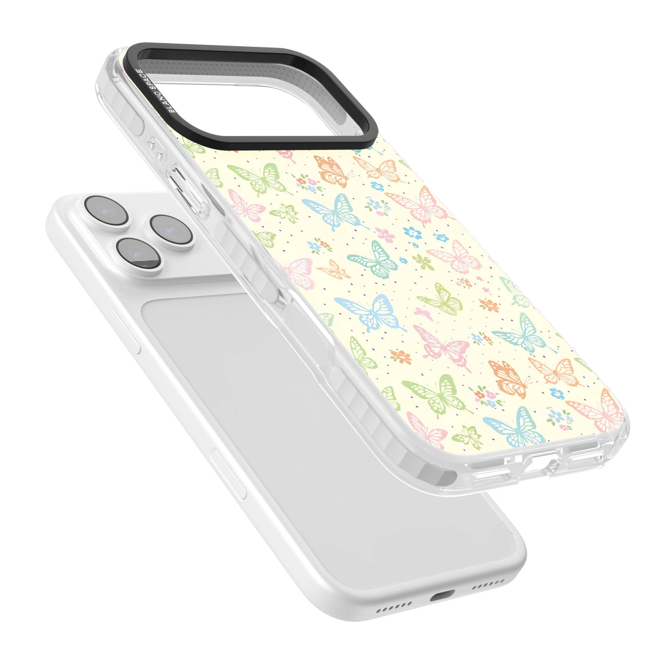 Sugar Wings cottagecore iPhone case featuring rainbow pastel butterflies, tiny wildflowers, and a cream background | Impact Magsafe case for iPhone 17 Pro, iPhone 17 Pro Max