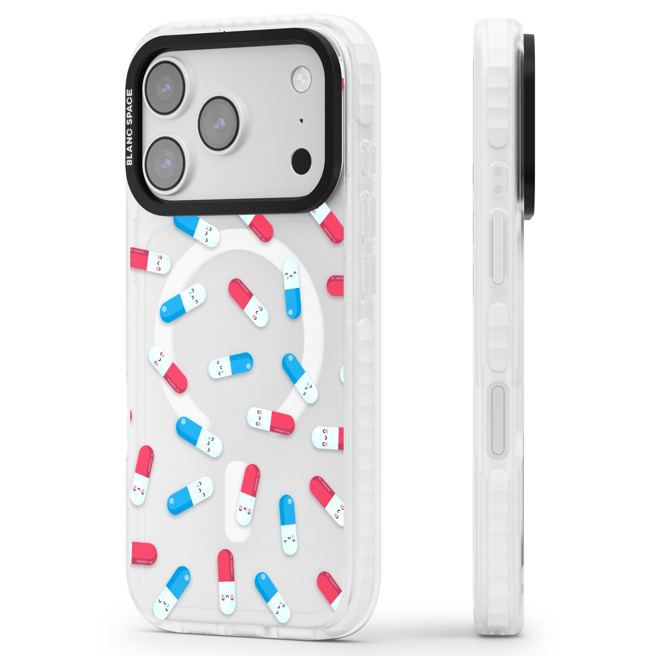Kawaii Pill Pattern iPhone 17 Pro Max Impact Pro Clear Phone Case Side Profile