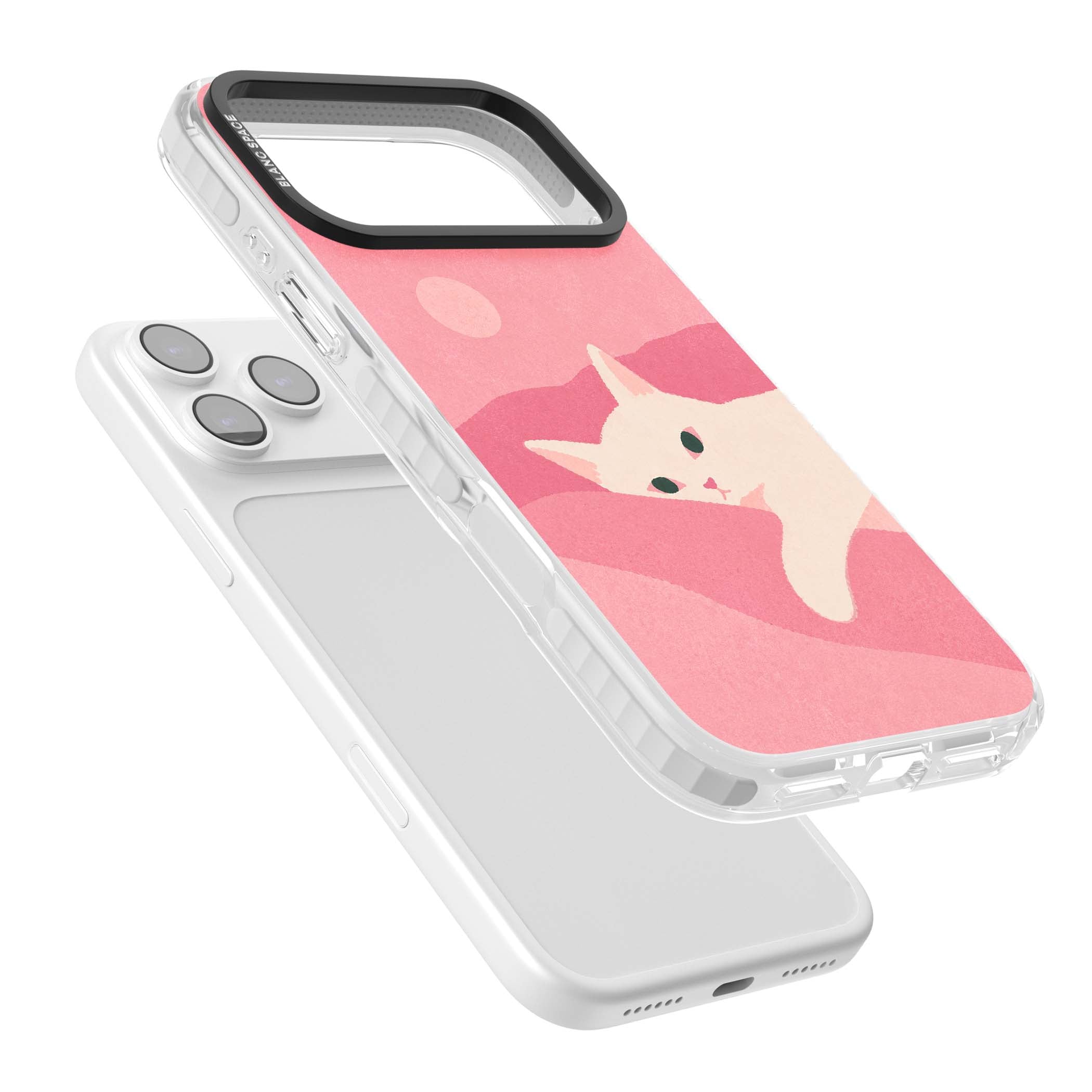 Pink Dreams cute cat iPhone case featuring a white kitten, soft pink hills and a pale pastel sun | Impact Magsafe case for iPhone 17 Pro, iPhone 17 Pro Max