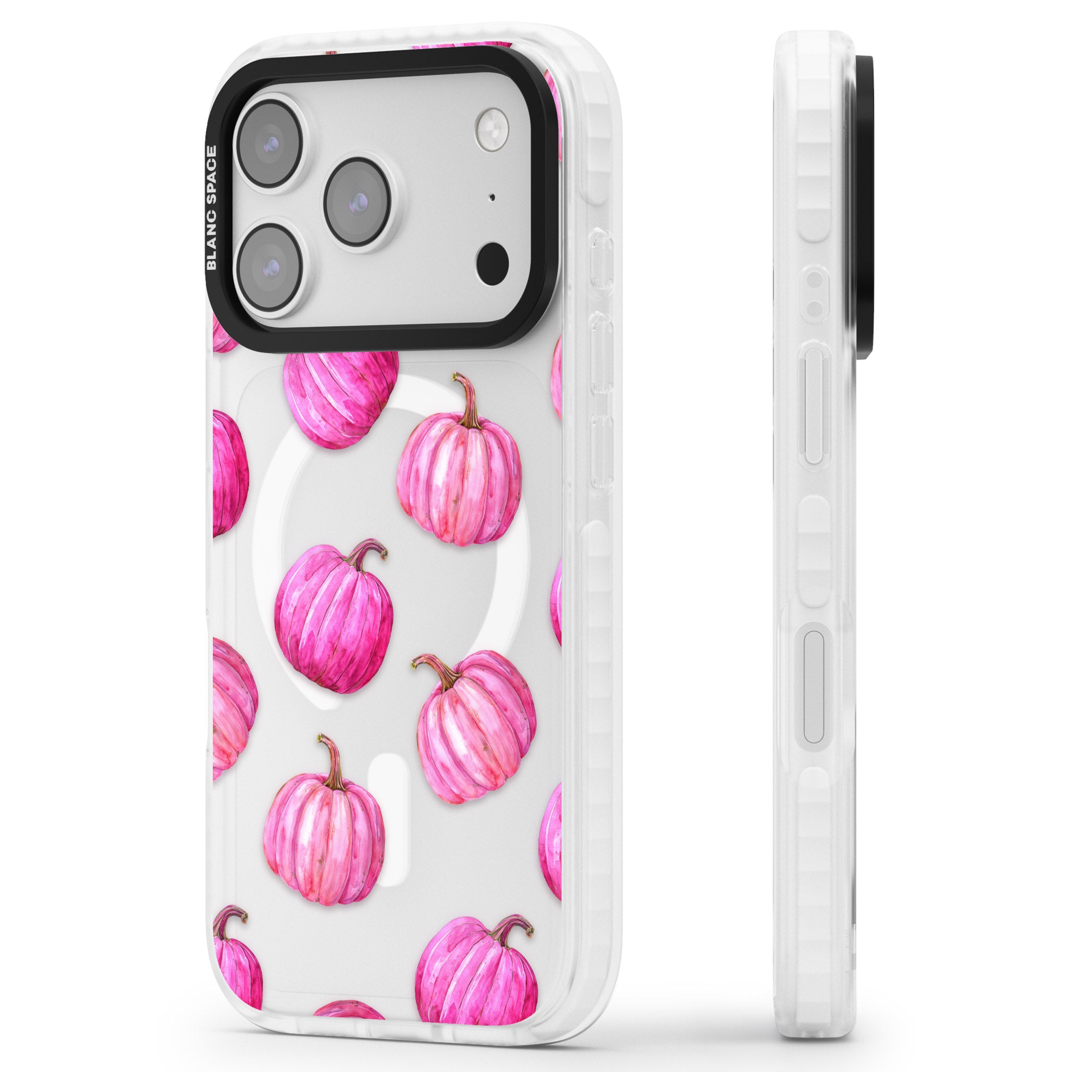 Pink Pumpkins iPhone 17 Pro Max Impact Pro Clear Phone Case Side Profile