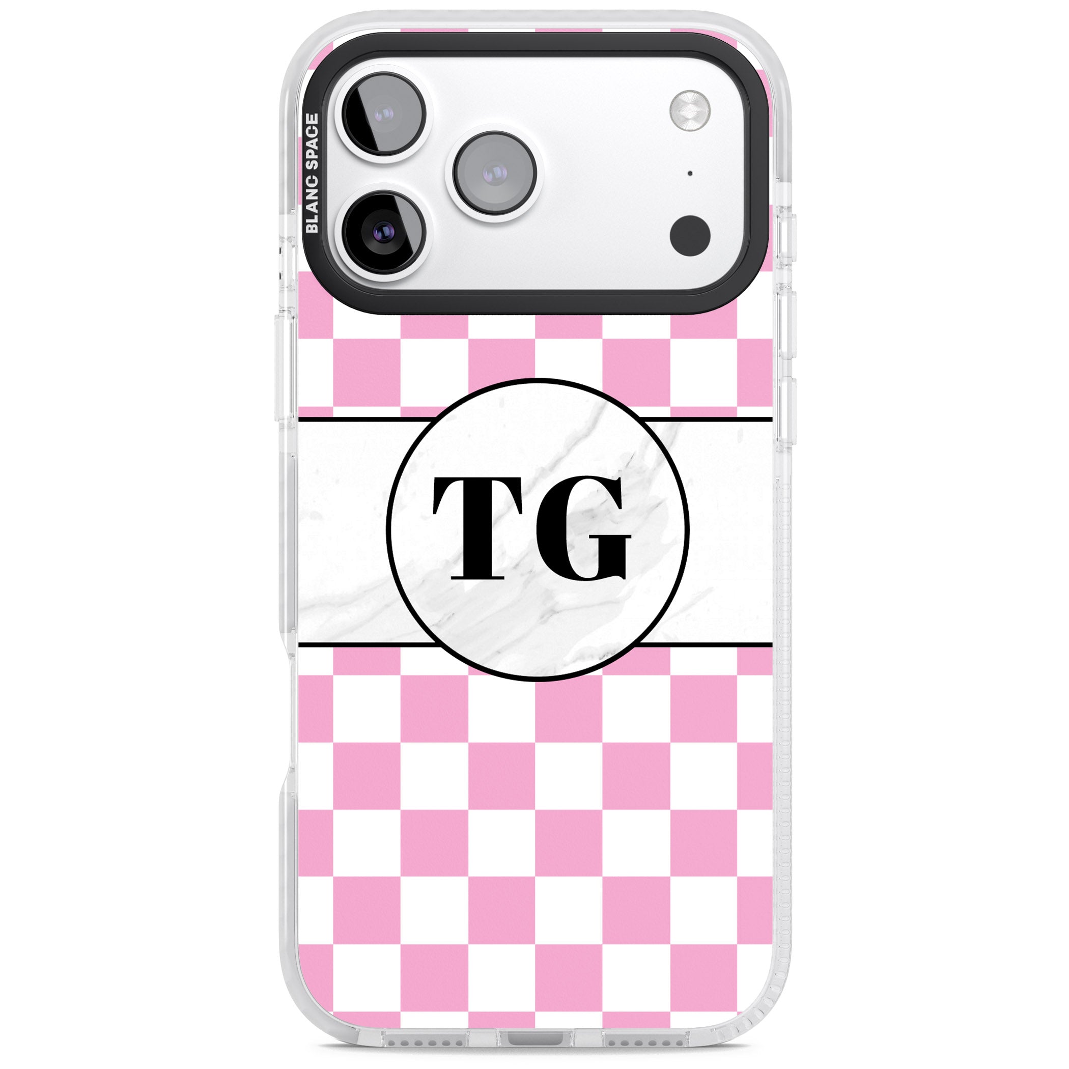 Personalised Monogrammed Pink Check iPhone 17 Pro Max Impact Pro Clear Phone Case