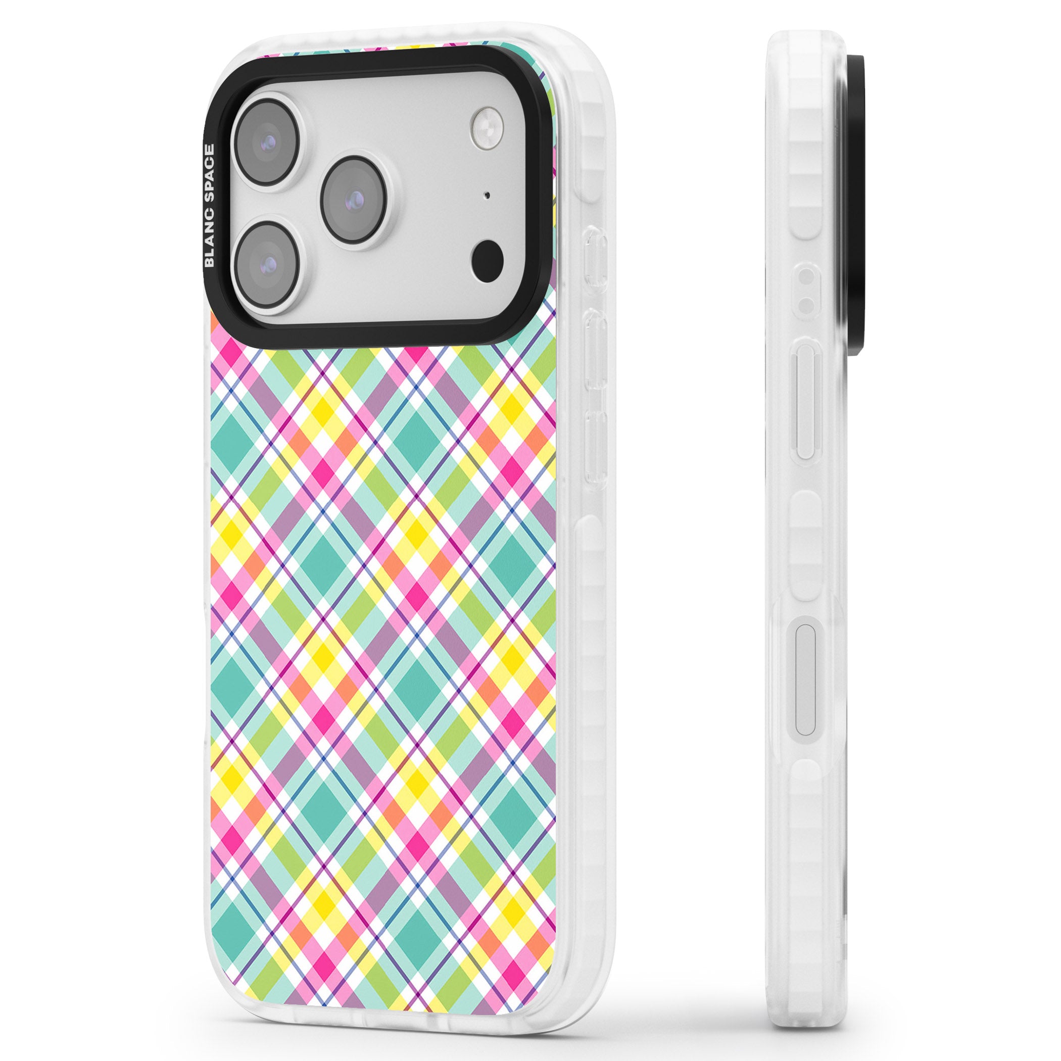 Crosshatch Plaid iPhone 17 Pro Max Impact Pro Clear Phone Case Side Profile