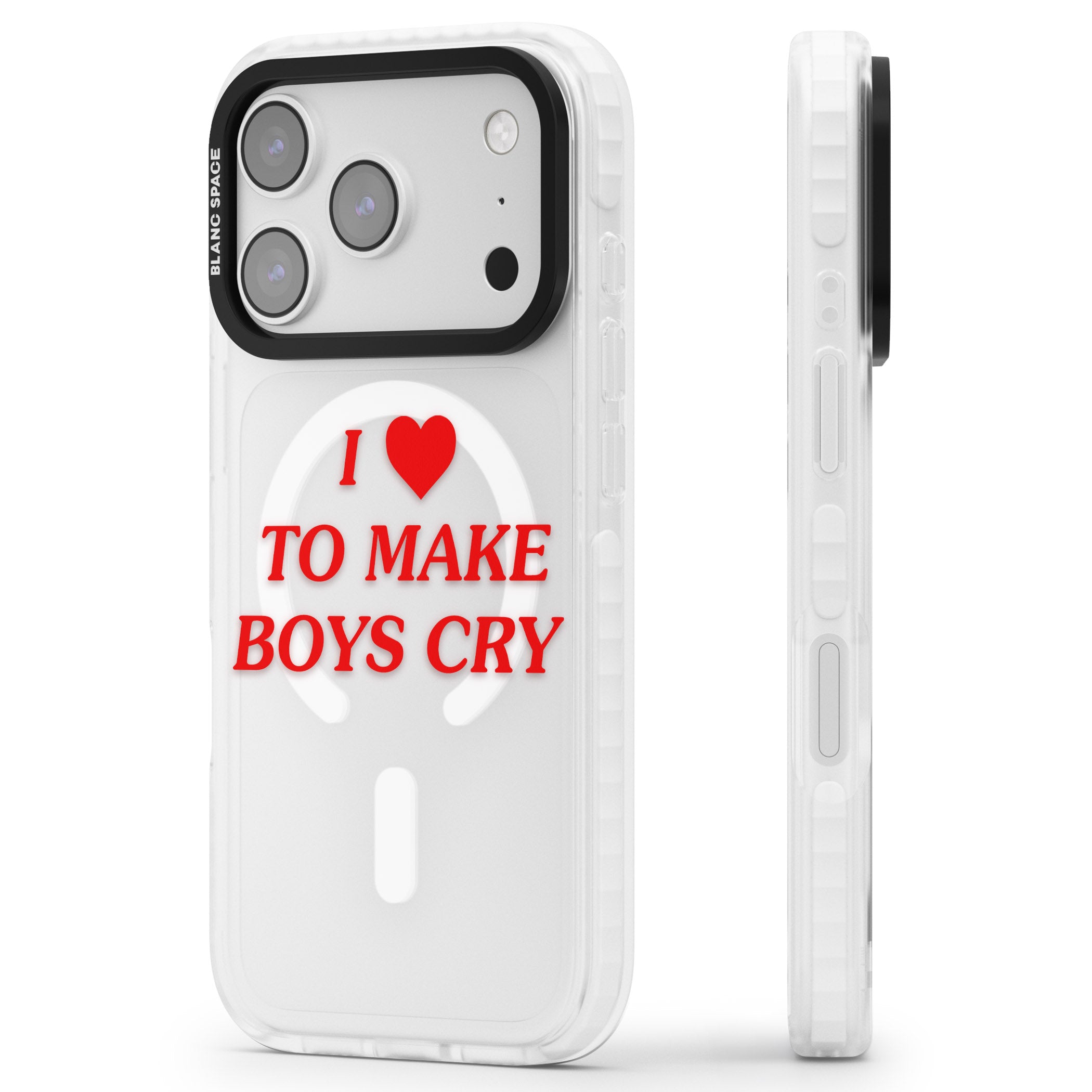 I Love To Make Boys Cry iPhone 17 Pro Max Impact Pro Clear Phone Case Side Profile
