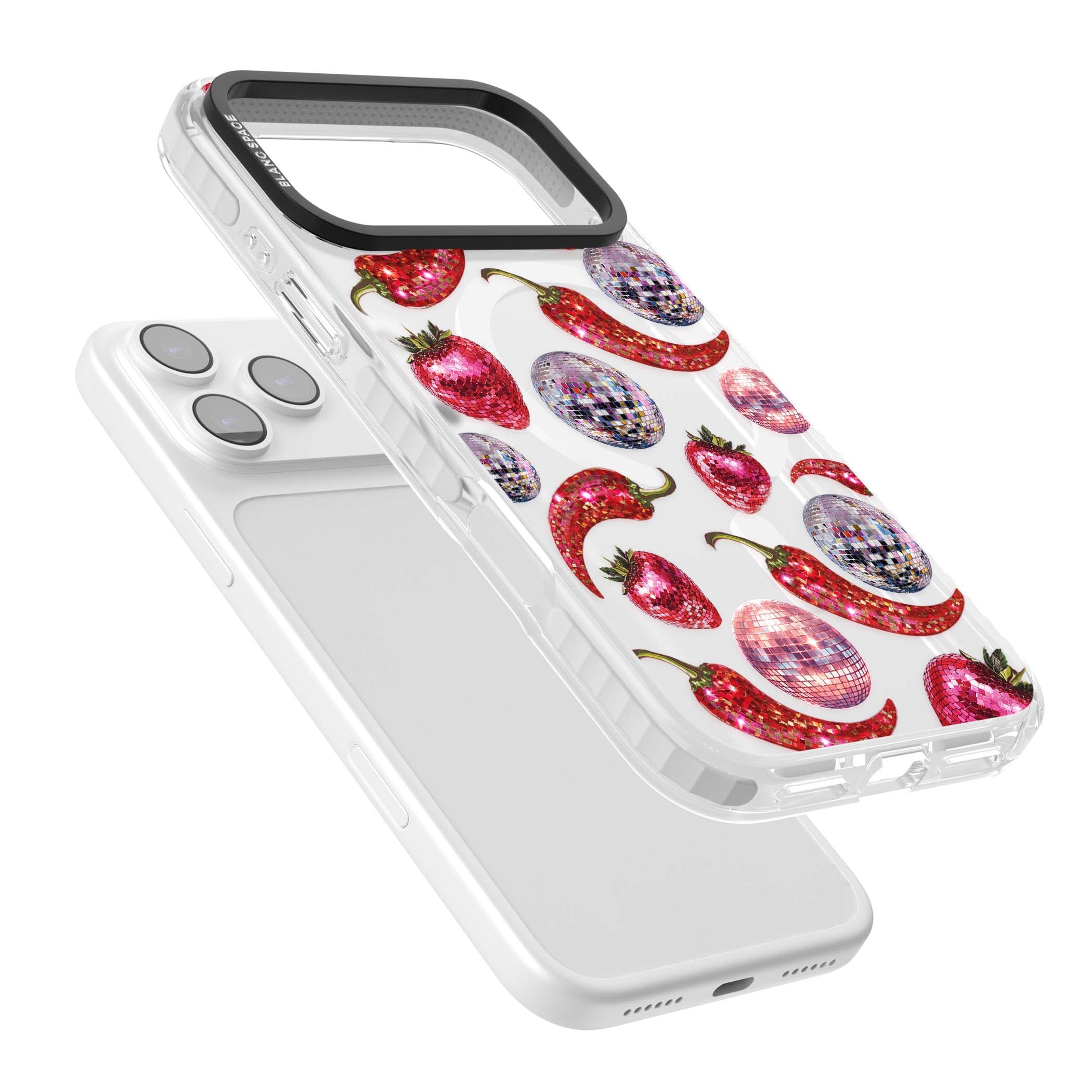 Spicy Disco Y2K iPhone case featuring glitter disco balls, sparkly strawberries and red chilli peppers | Impact Magsafe case for iPhone 17 Pro, iPhone 17 Pro Max