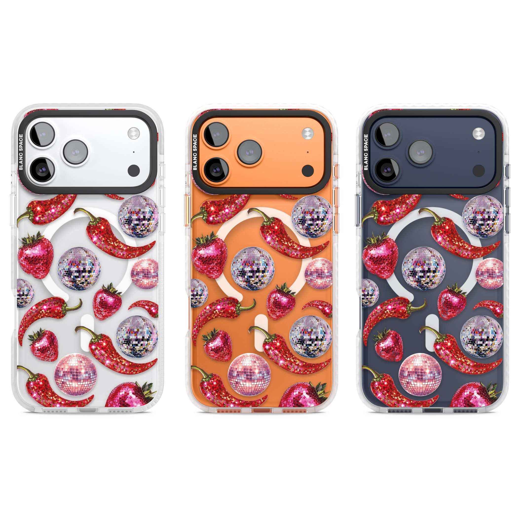 Spicy Disco Y2K iPhone case featuring glitter disco balls, sparkly strawberries and red chilli peppers | Impact Magsafe case for iPhone 17 Pro, iPhone 17 Pro Max