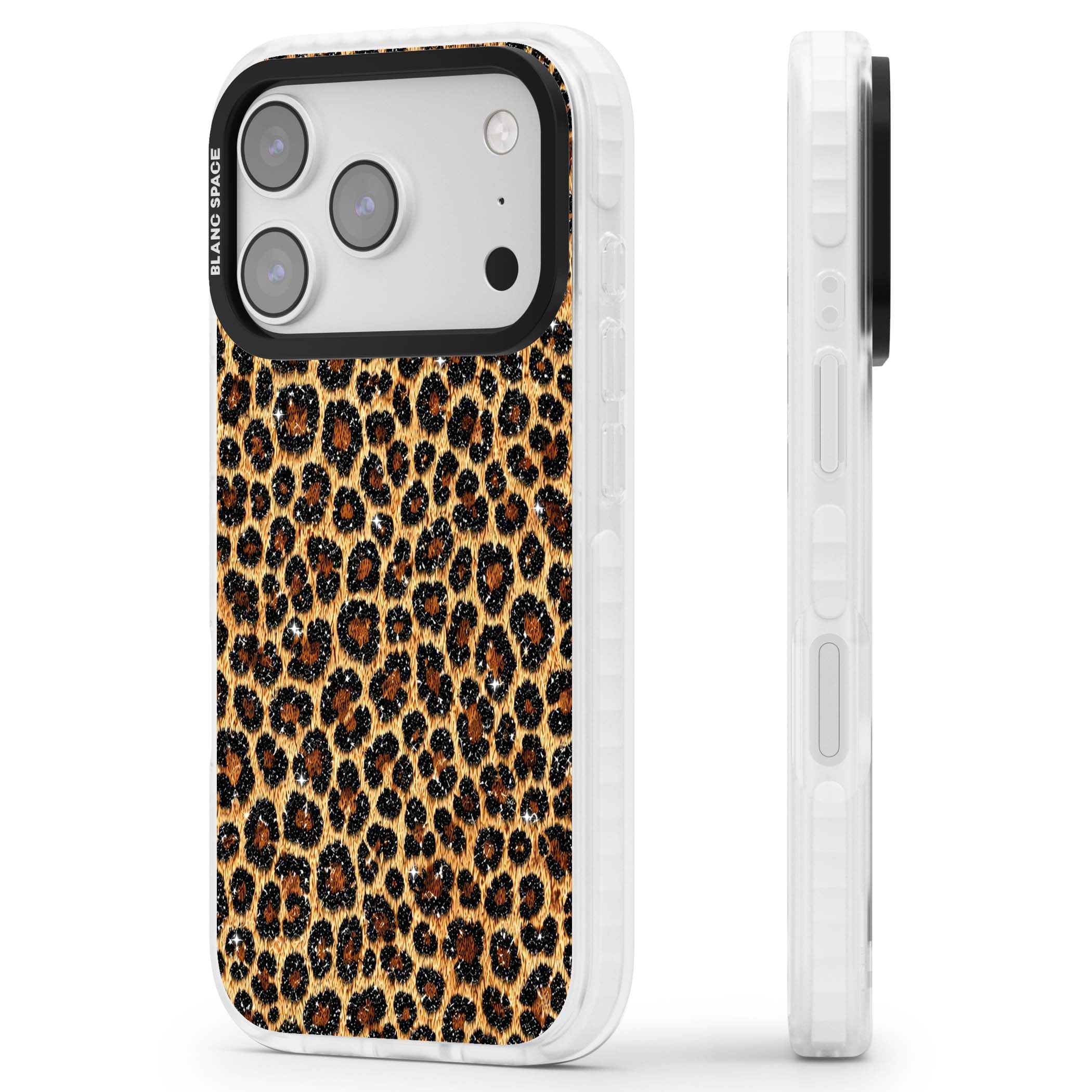 Diamond Leopard leopard print iPhone case featuring golden tan fur, black rosette spots and subtle glitter sparkle | Impact Magsafe case for iPhone 17 Pro, iPhone 17 Pro Max