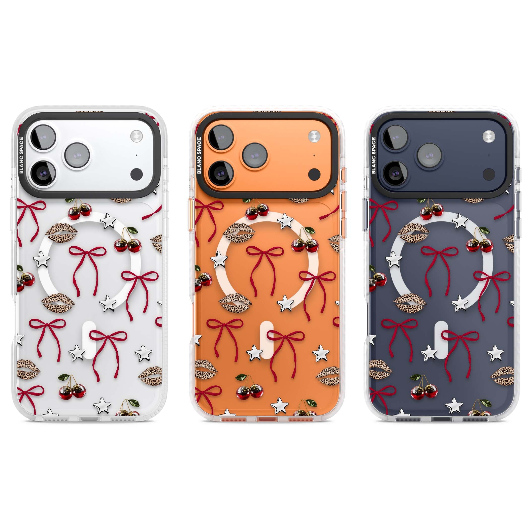 Starlet coquette iPhone case featuring red ribbon bows, disco cherries and leopard-print lips | Impact Magsafe case for iPhone 17 Pro, iPhone 17 Pro Max