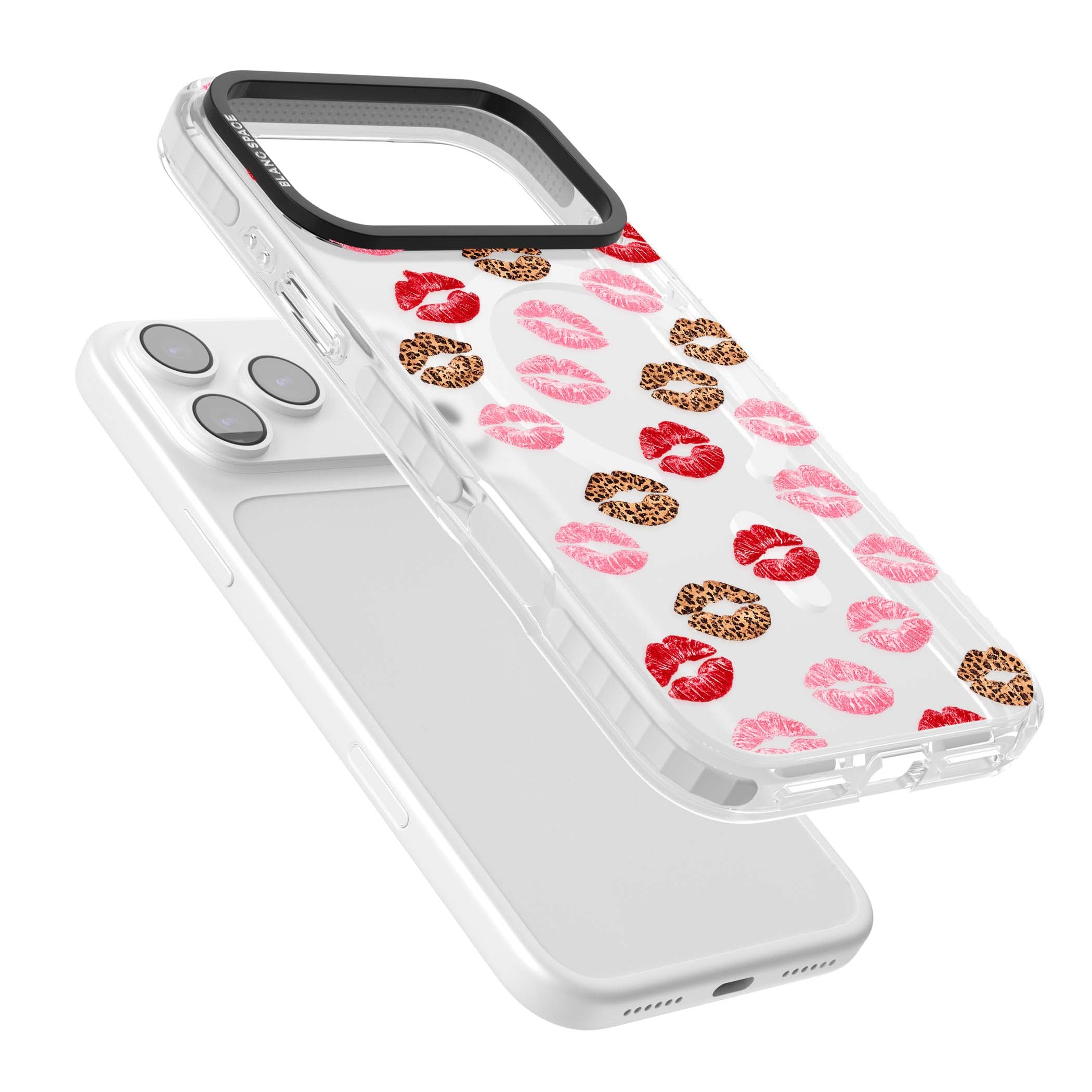 Wild Kisses coquette iPhone case featuring red, pink and leopard print lipstick kiss marks on a clear background | Impact Magsafe case for iPhone 17 Pro, iPhone 17 Pro Max