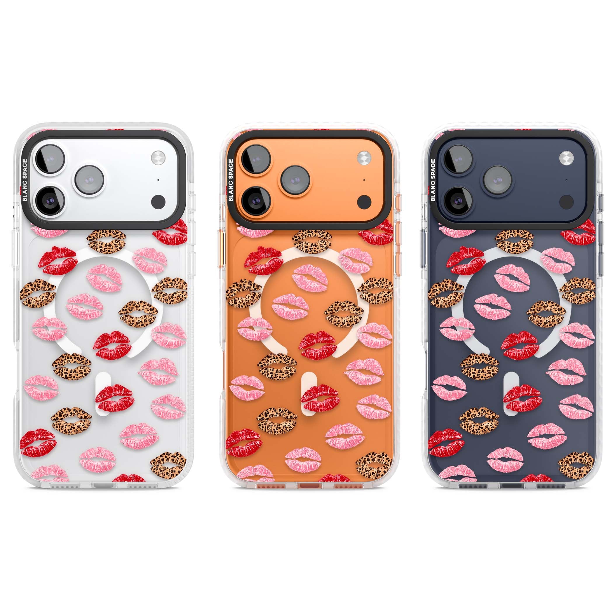 Wild Kisses coquette iPhone case featuring red, pink and leopard print lipstick kiss marks on a clear background | Impact Magsafe case for iPhone 17 Pro, iPhone 17 Pro Max