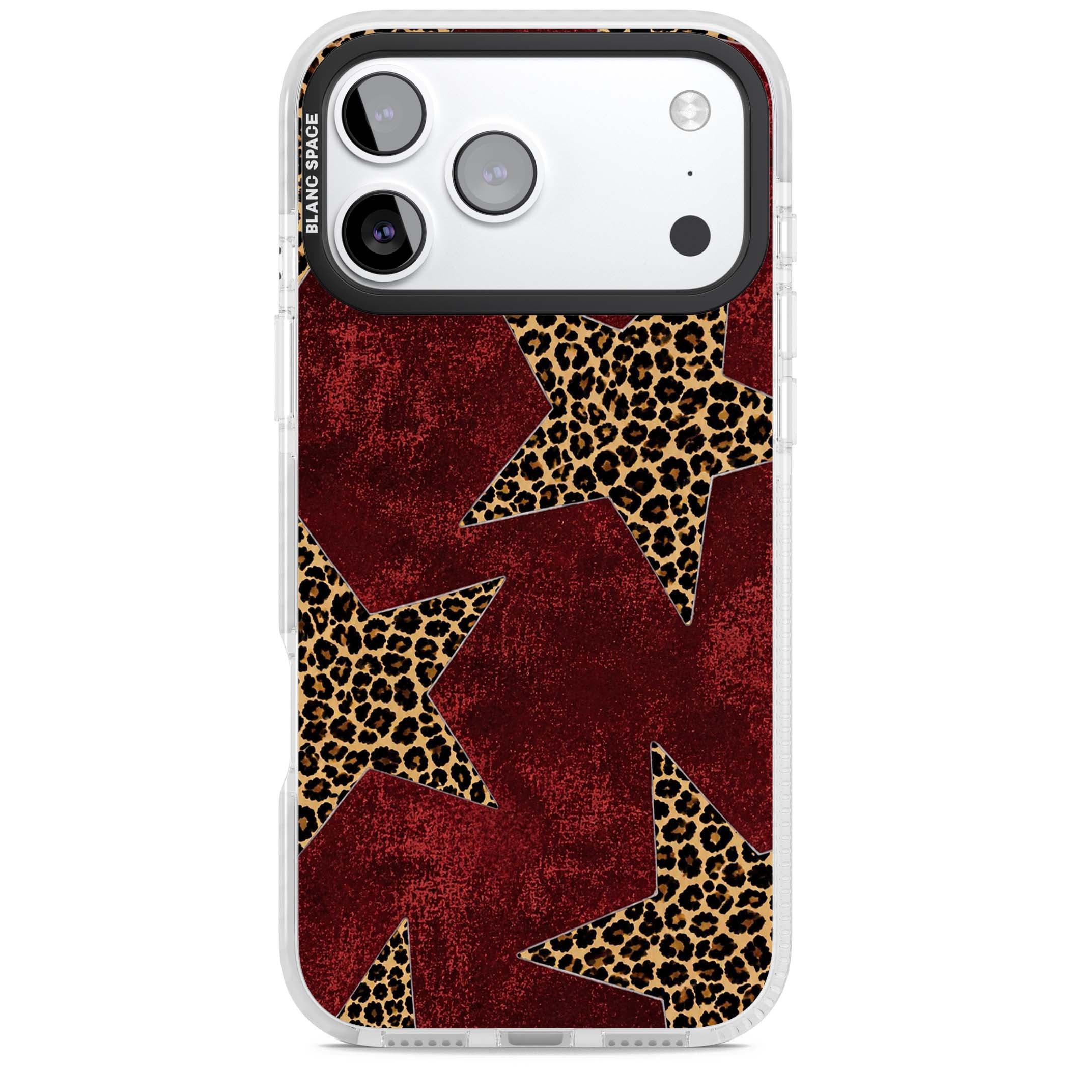 Showgirl leopard print iPhone case featuring cheetah print stars on distressed red grunge background | Impact Magsafe case for iPhone 17 Pro, iPhone 17 Pro Max