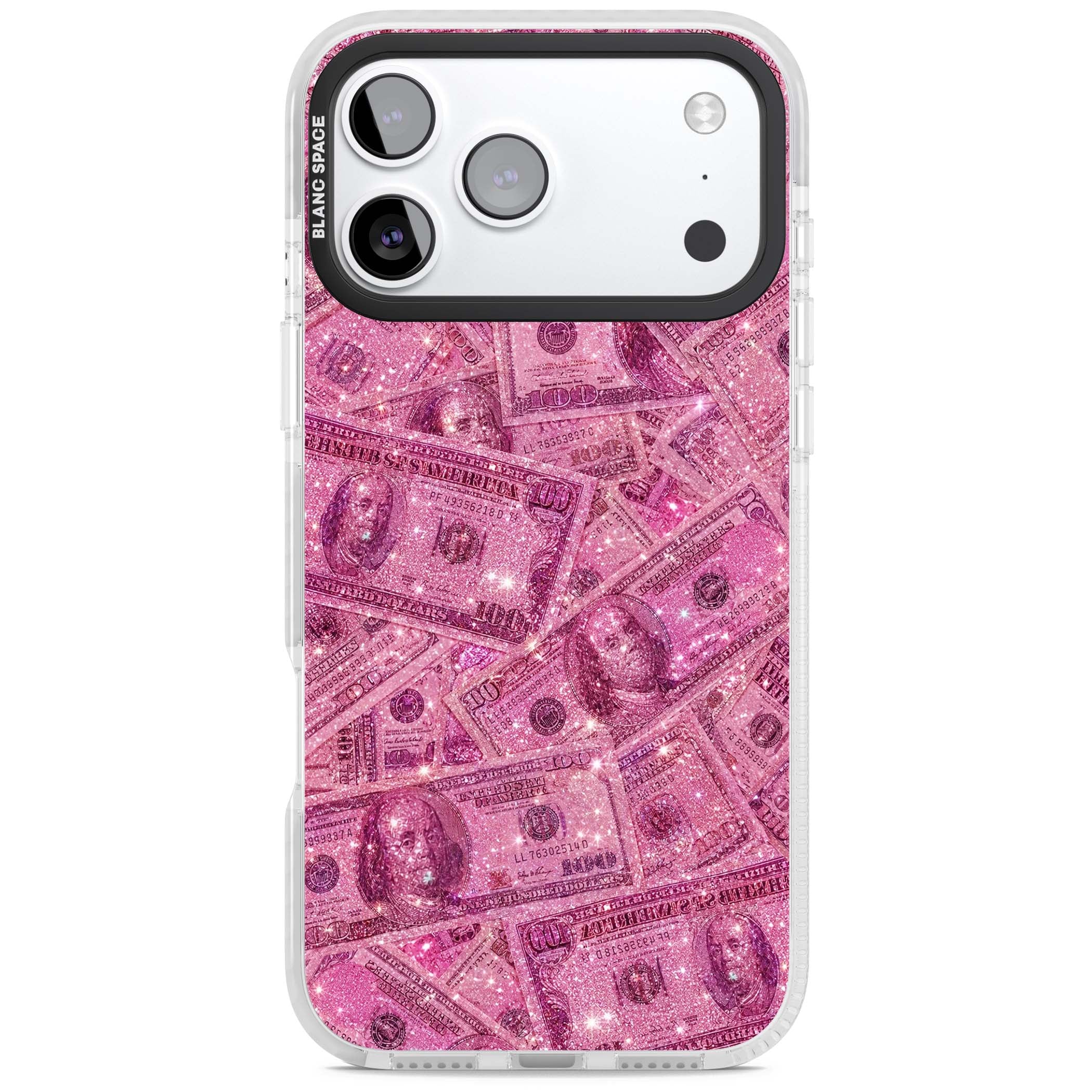 Glamorous baddie iPhone case featuring pink glitter hundred dollar bills and sparkling money wallpaper design | Impact Magsafe case for iPhone 17 Pro, iPhone 17 Pro Max