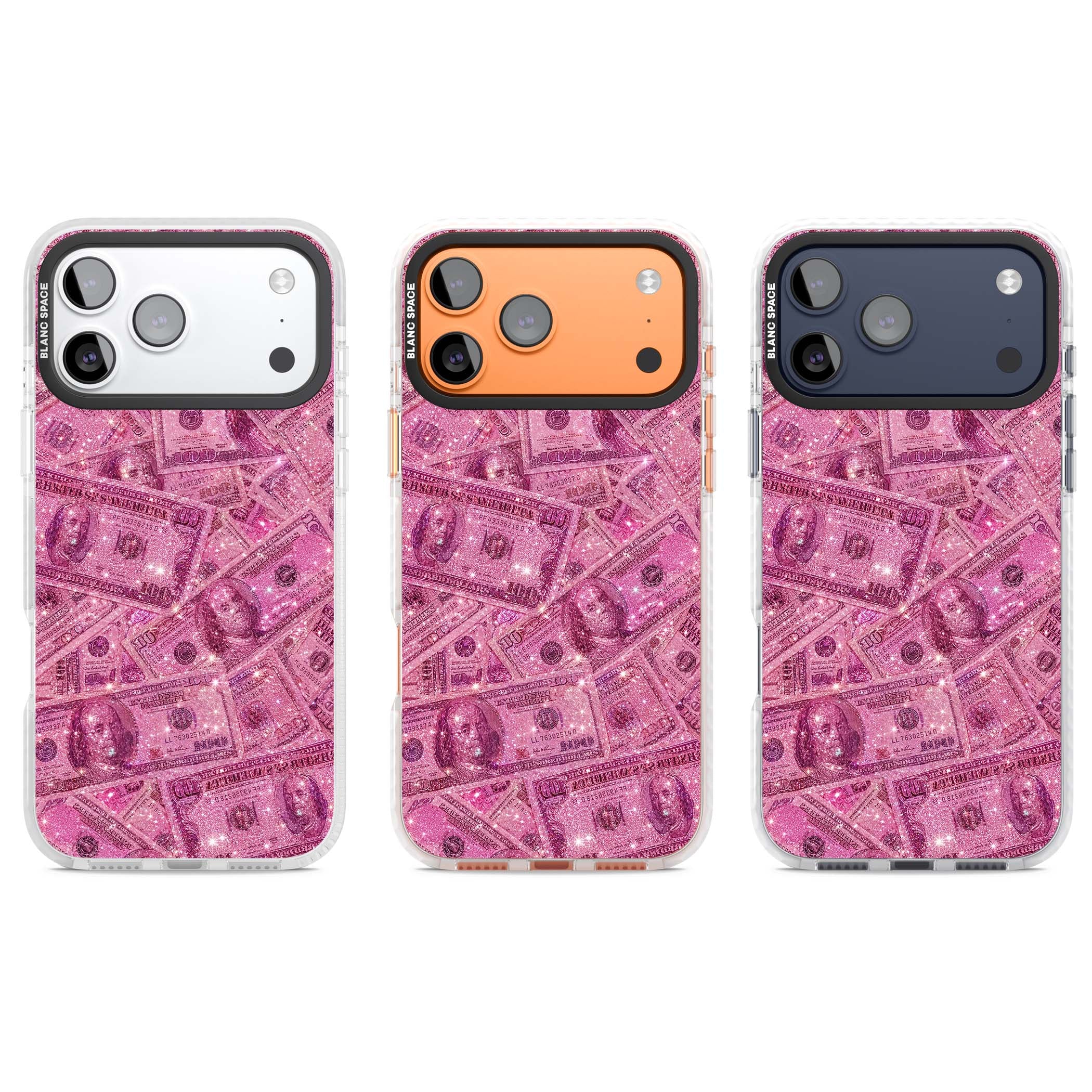 Glamorous baddie iPhone case featuring pink glitter hundred dollar bills and sparkling money wallpaper design | Impact Magsafe case for iPhone 17 Pro, iPhone 17 Pro Max