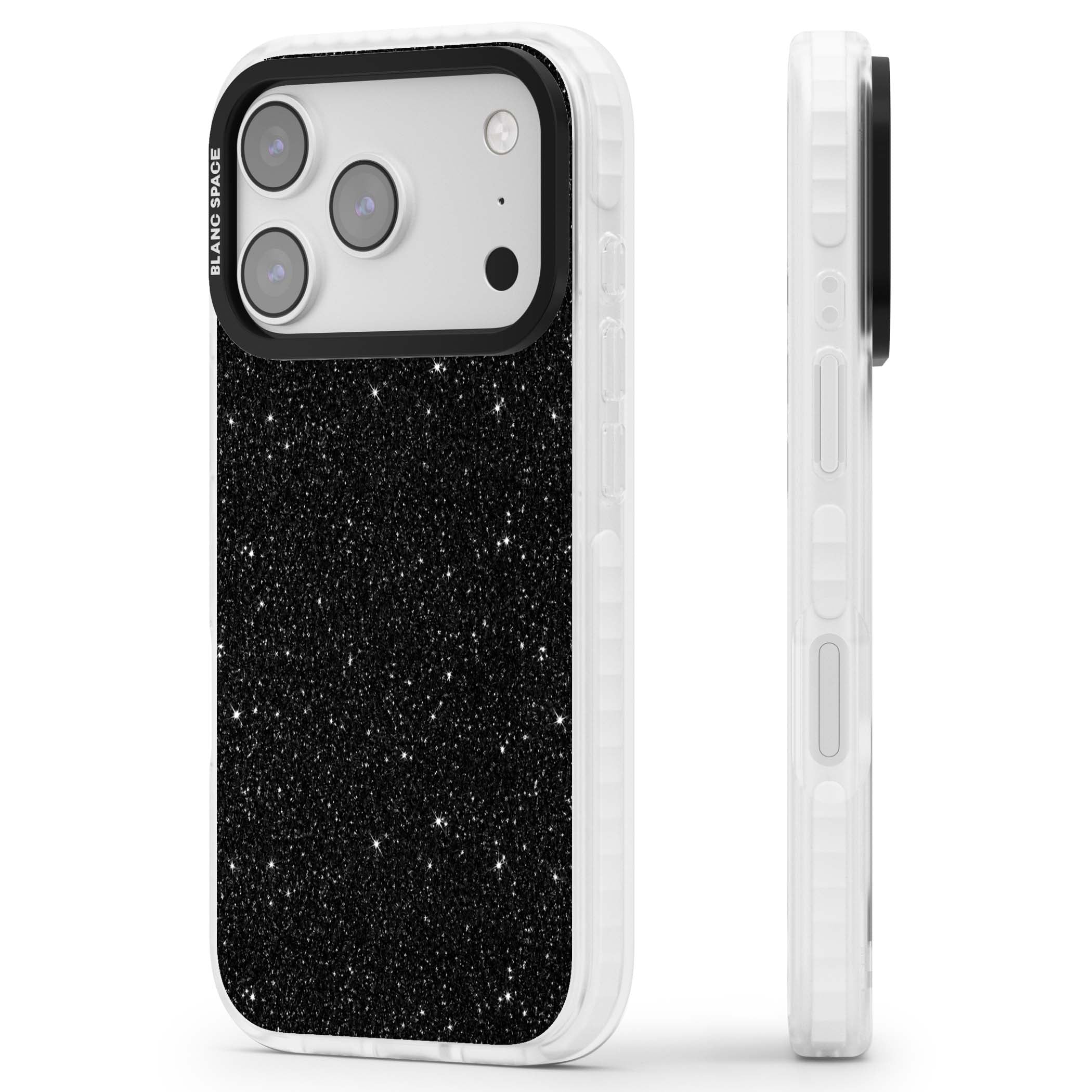 Black Glitter black glitter iPhone case featuring an all-over sparkly shimmer pattern on a jet black base | Impact Magsafe case for iPhone 17 Pro, iPhone 17 Pro Max