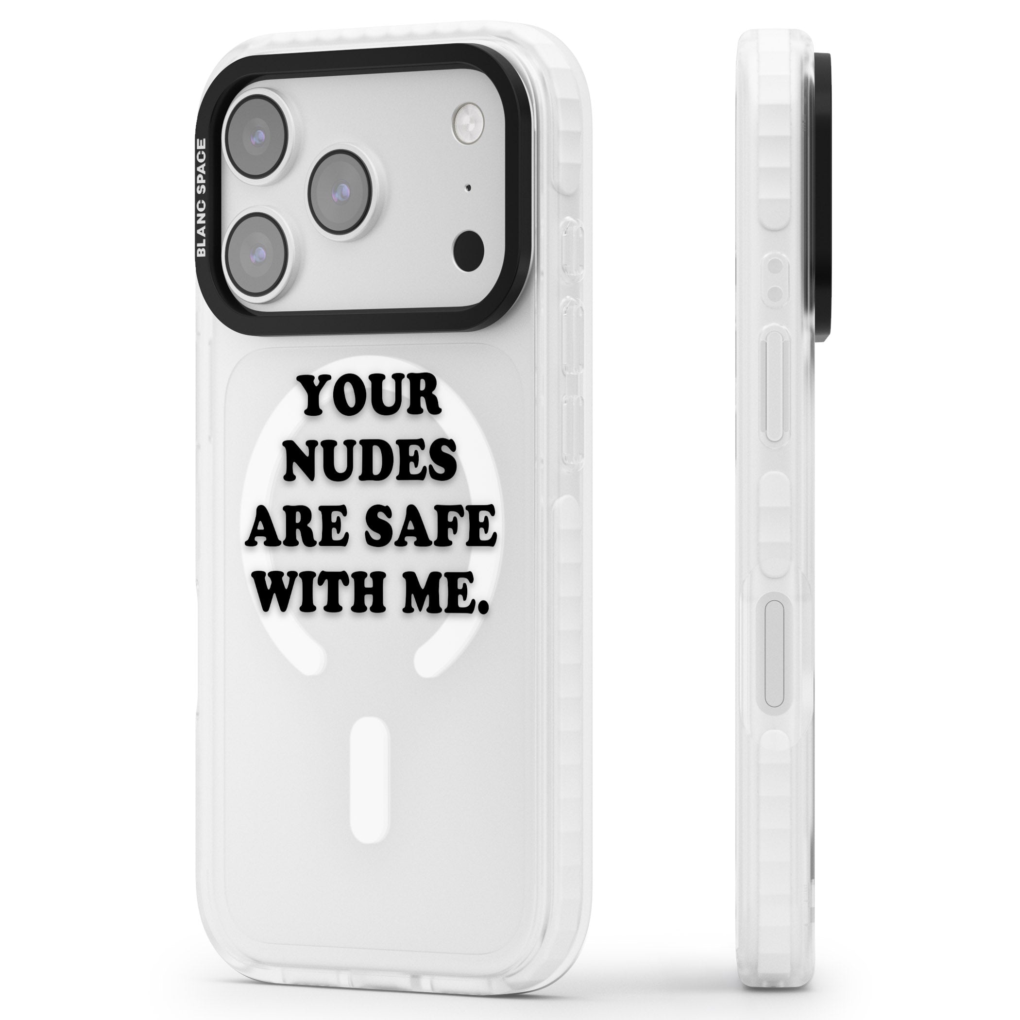 Your Nudes Are Safe Black iPhone 17 Pro Max Impact Pro Clear Phone Case Side Profile