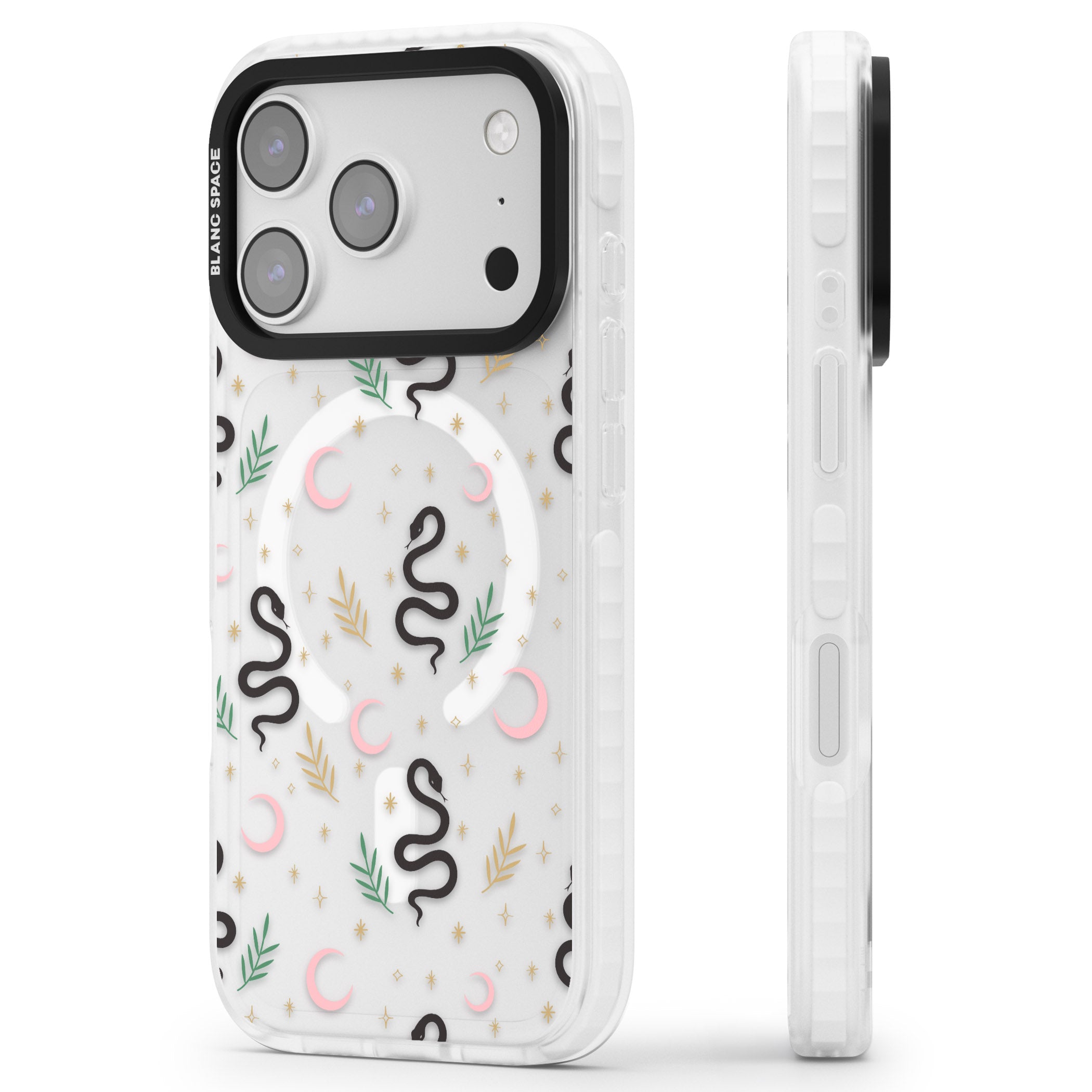 Snake & Moon Pattern iPhone 17 Pro Max Impact Pro Clear Phone Case Side Profile