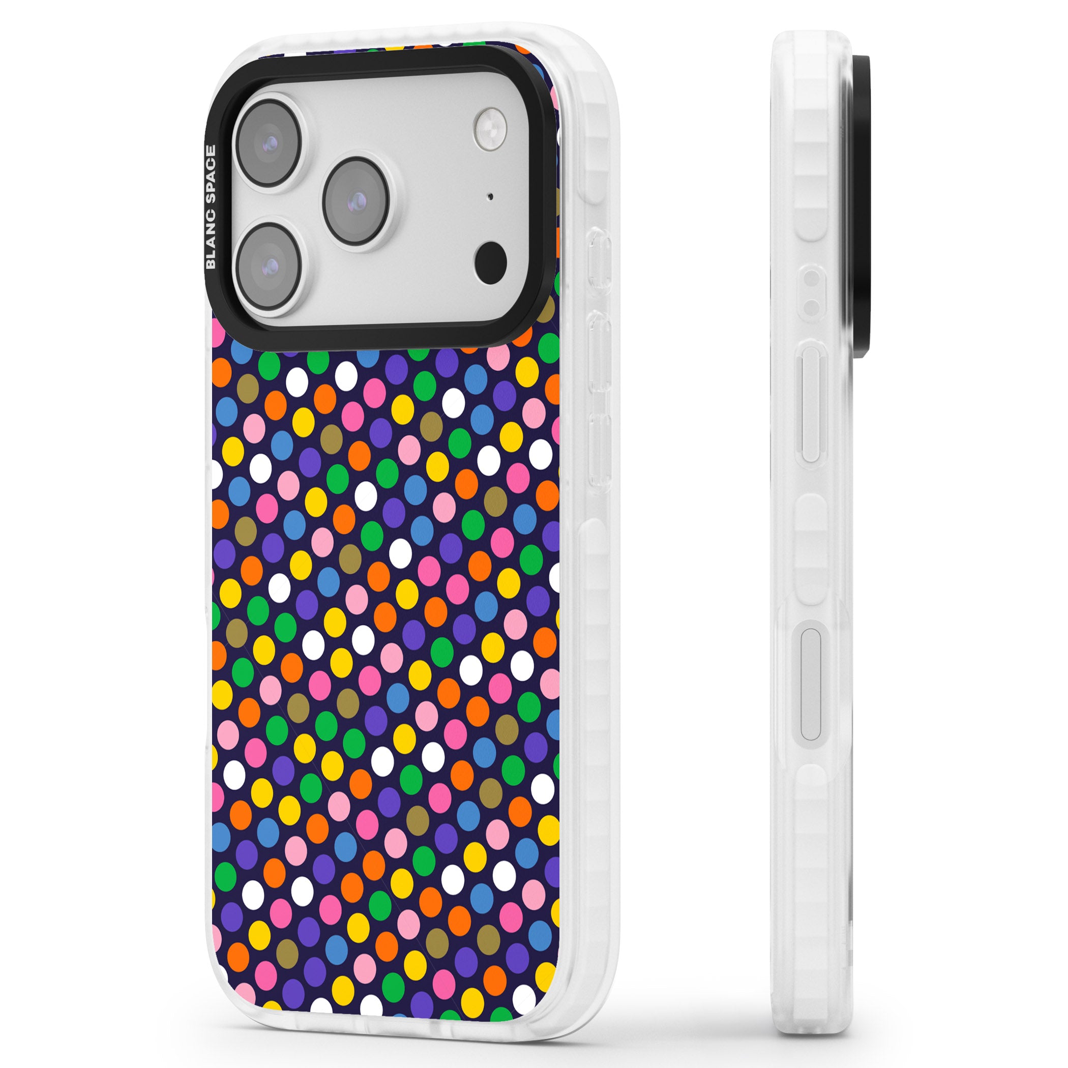 Multicolour Polka Dot Fiesta (Purple) iPhone 17 Pro Max Impact Pro Clear Phone Case Side Profile