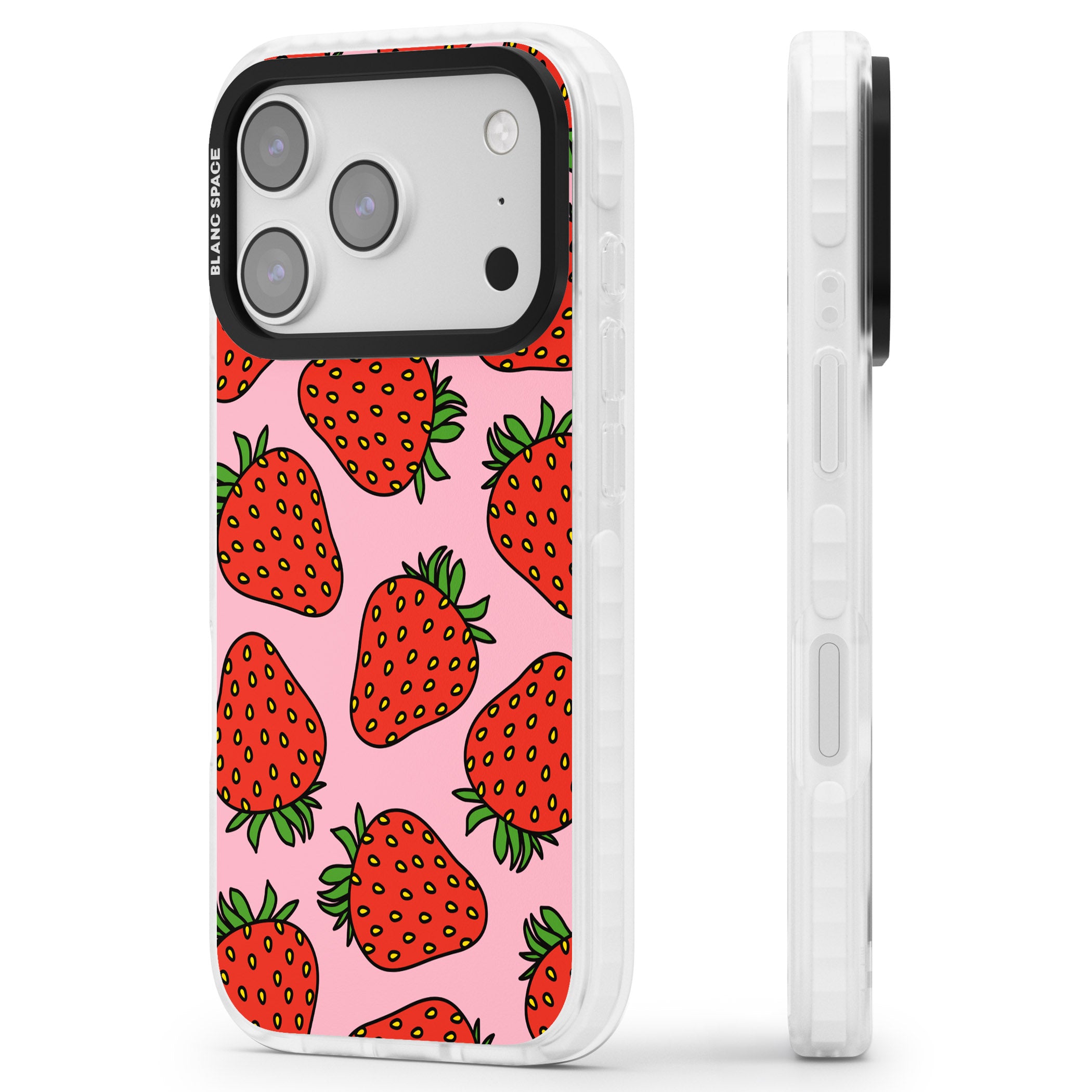 Strawberry Pattern (Pink) iPhone 17 Pro Max Impact Pro Clear Phone Case Side Profile