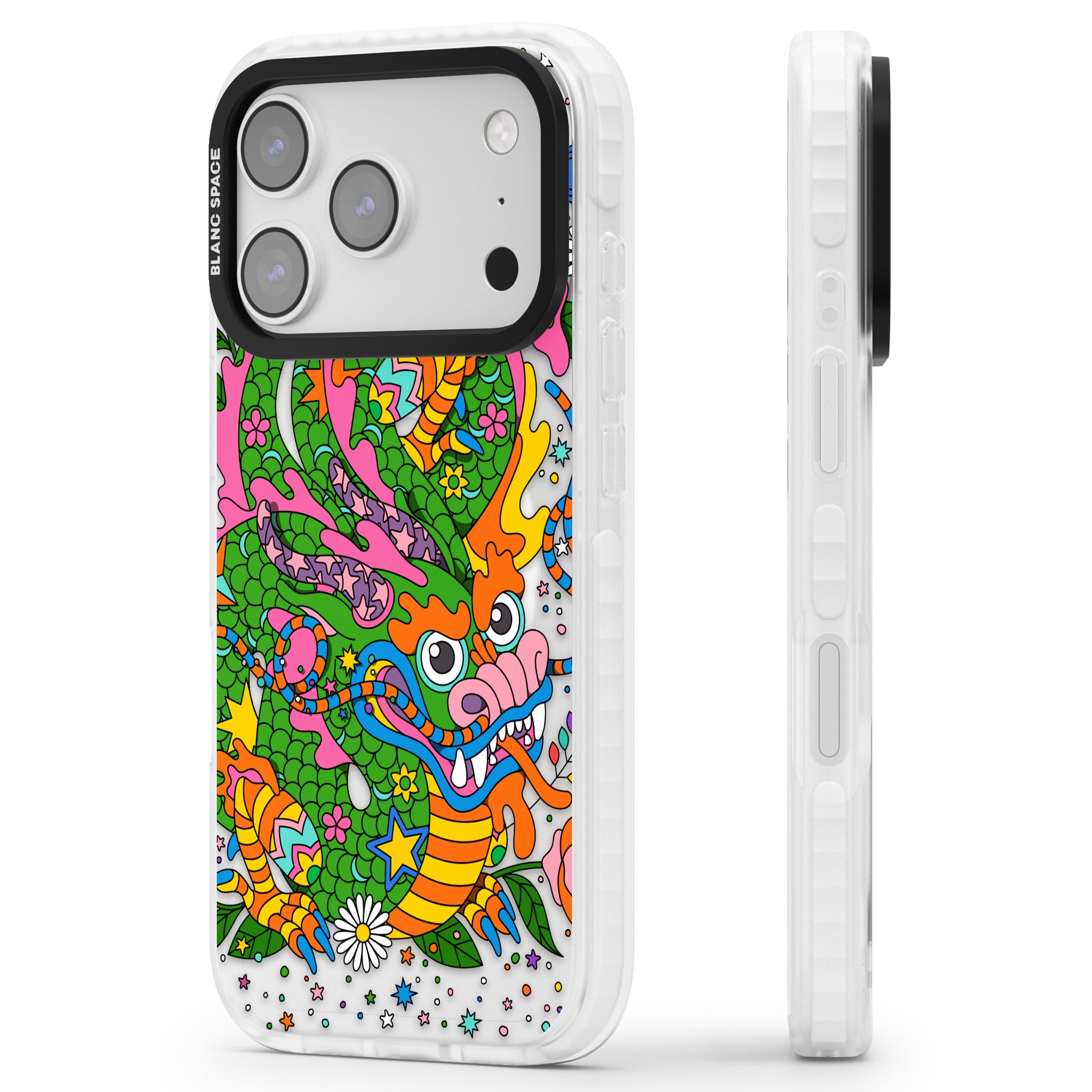 Psychedelic Jungle Dragon iPhone 17 Pro Max Impact Pro Clear Phone Case Side Profile