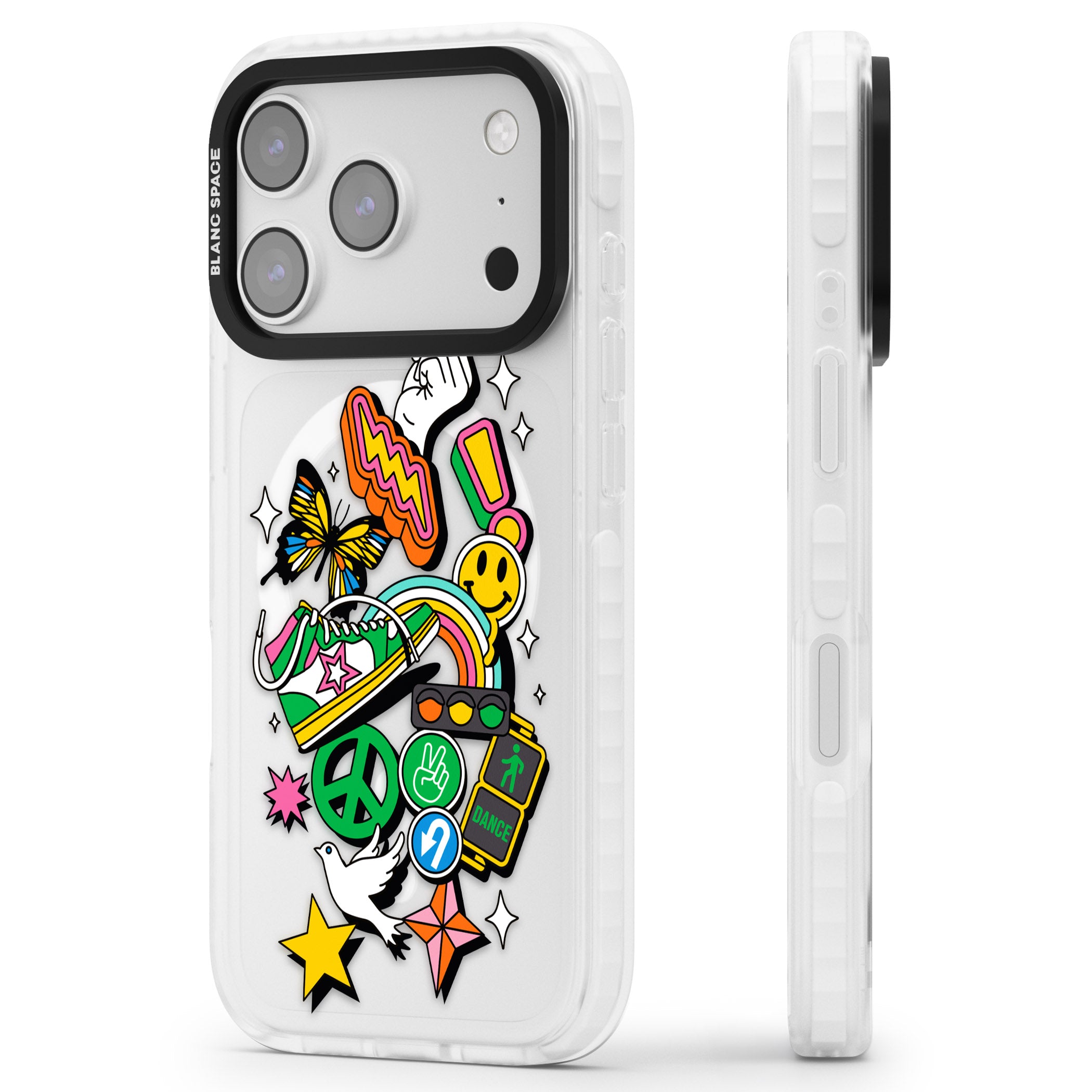 Nostalgic Sticker Collage iPhone 17 Pro Max Impact Pro Clear Phone Case Side Profile
