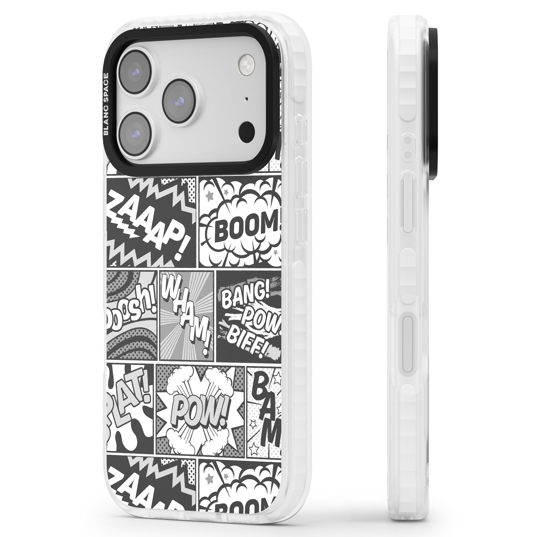 Onomatopoeia (Black & White) iPhone 17 Pro Max Impact Pro Clear Phone Case Side Profile
