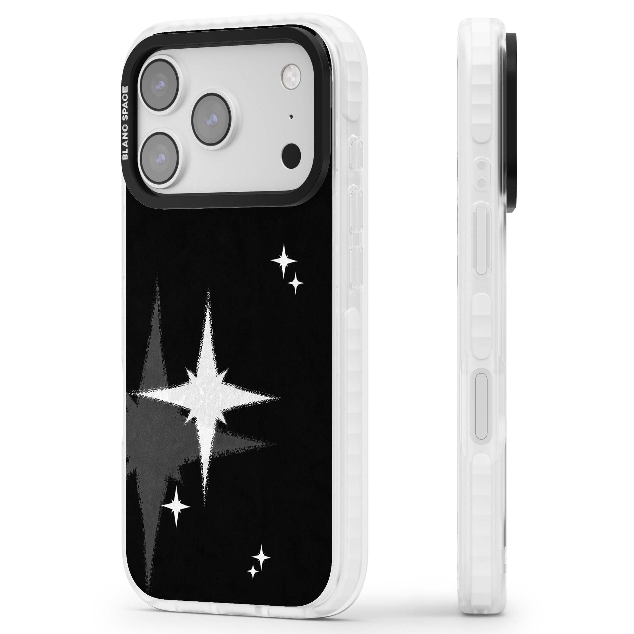 Black Sparkle celestial iPhone case featuring white sparkle stars on a black night sky background | Impact Magsafe case for iPhone 17 Pro, iPhone 17 Pro Max