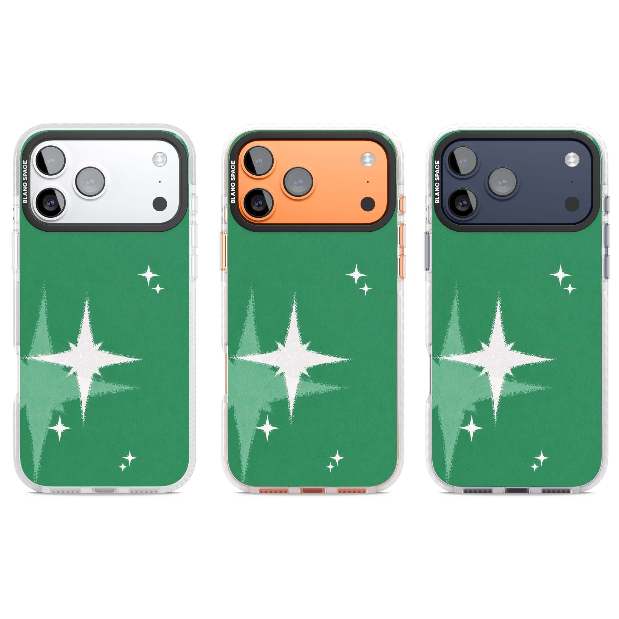 Green Sparkle celestial iPhone case featuring sparkling white four-point stars on a deep green background | Impact Magsafe case for iPhone 17 Pro, iPhone 17 Pro Max