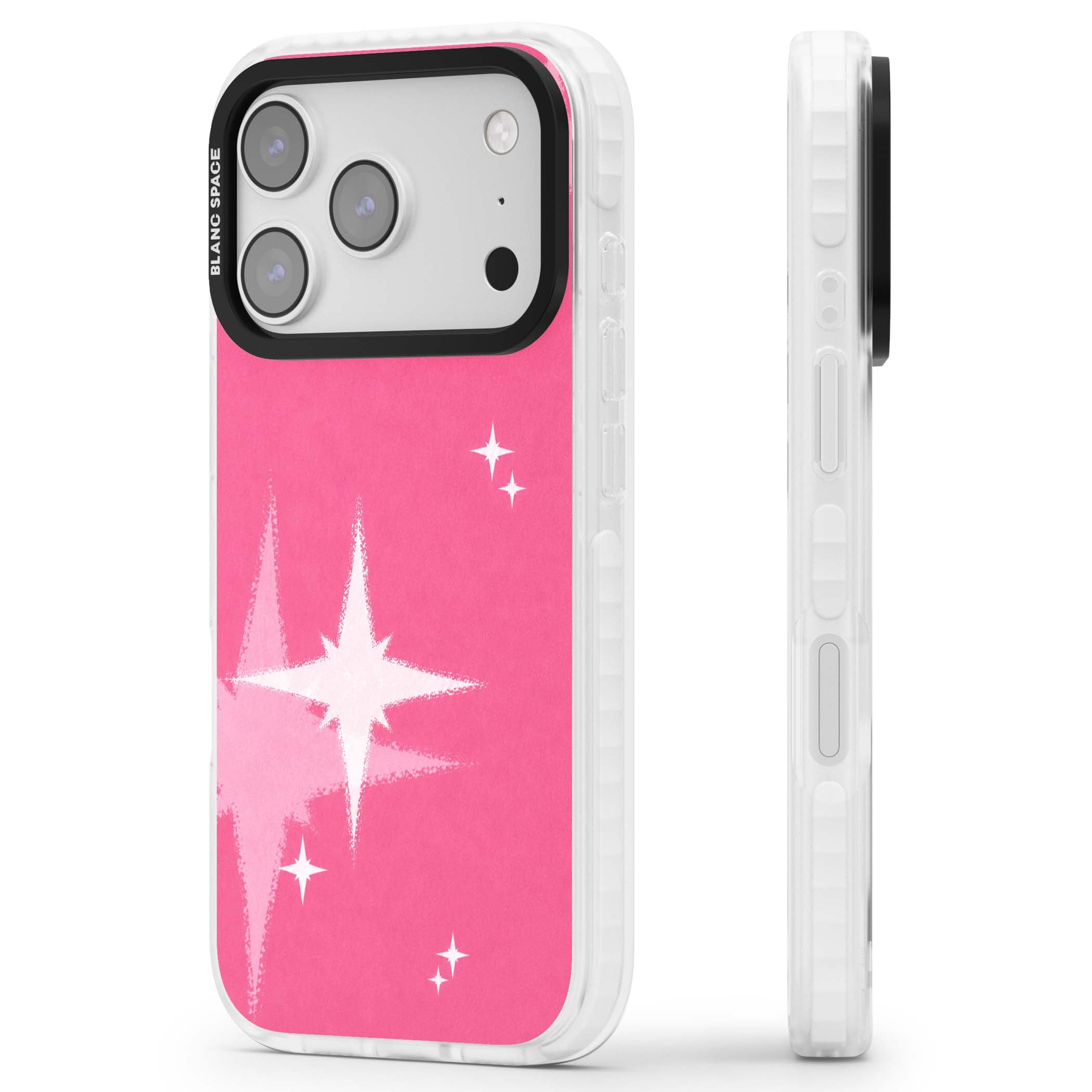 Pink Sparkle Y2K iPhone case featuring hot pink background with shimmering white starburst pattern | Impact Magsafe case for iPhone 17 Pro, iPhone 17 Pro Max