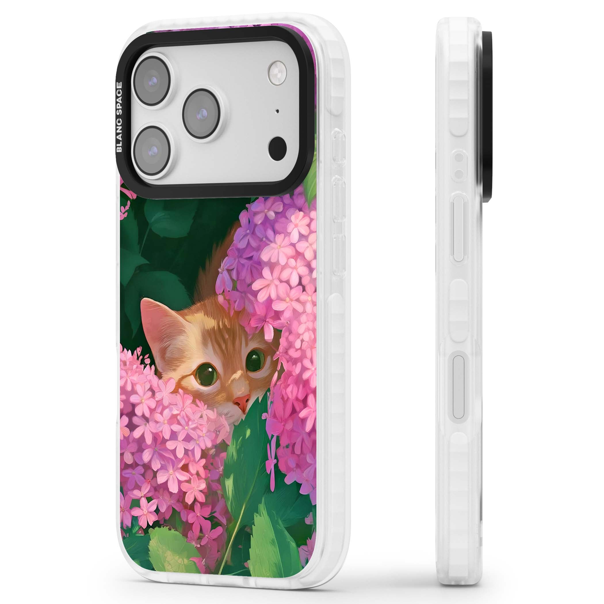 Cat In Pink Flowers cottagecore iPhone case featuring a ginger kitten peeking through lilac and pink hydrangea flo | Impact Magsafe case for iPhone 17 Pro, iPhone 17 Pro Max