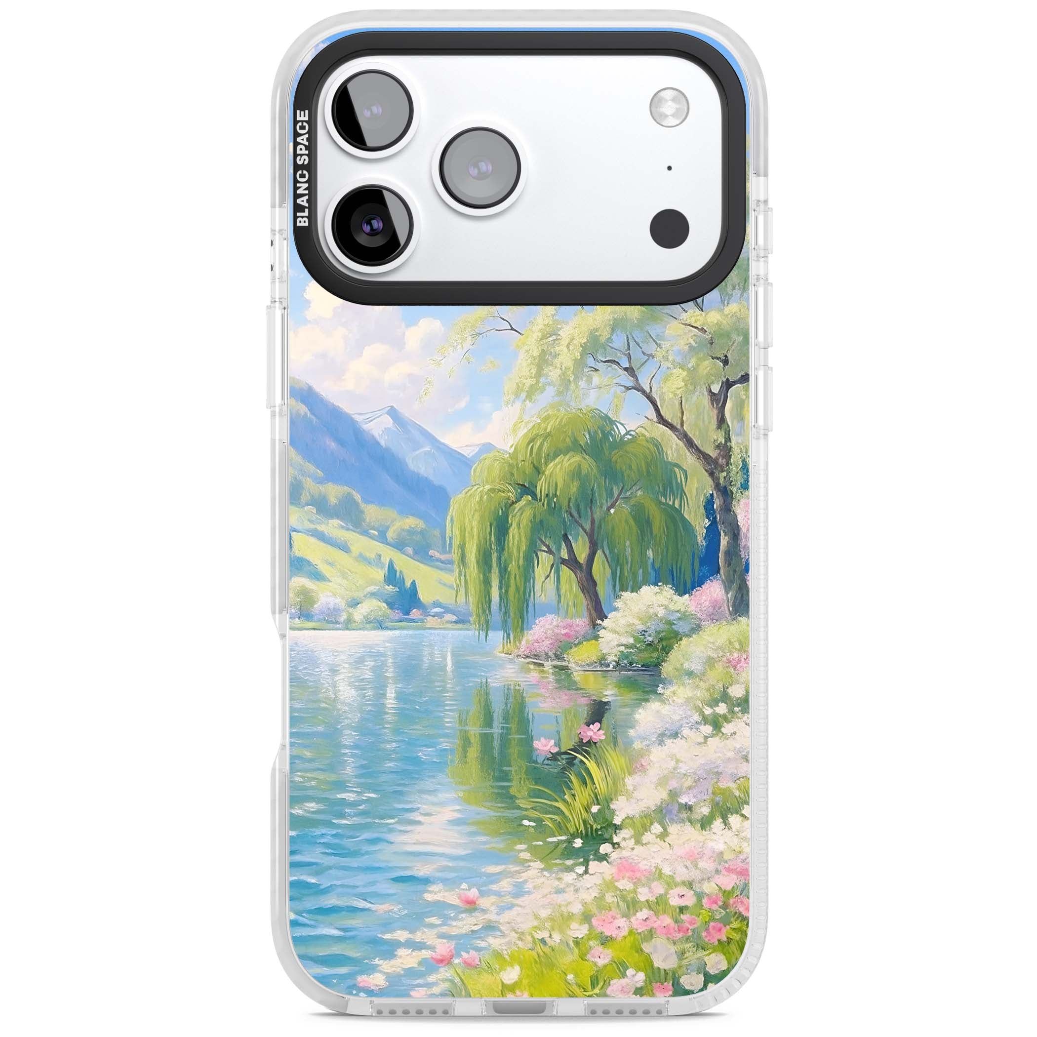 Willow Lake cottagecore iPhone case featuring a painted lakeside with weeping willow, blossoms and distant mountains | Impact Magsafe case for iPhone 17 Pro, iPhone 17 Pro Max
