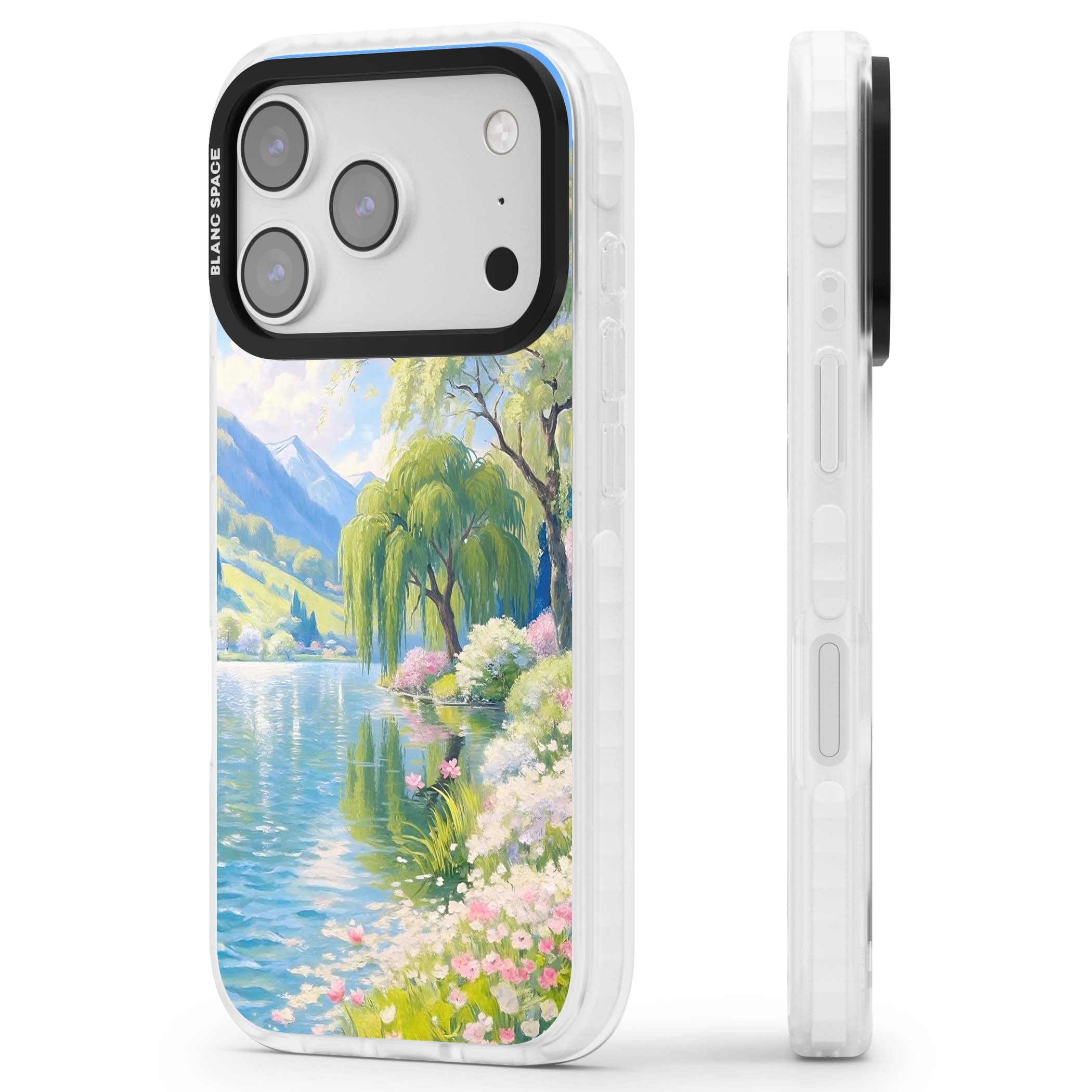Willow Lake cottagecore iPhone case featuring a painted lakeside with weeping willow, blossoms and distant mountains | Impact Magsafe case for iPhone 17 Pro, iPhone 17 Pro Max