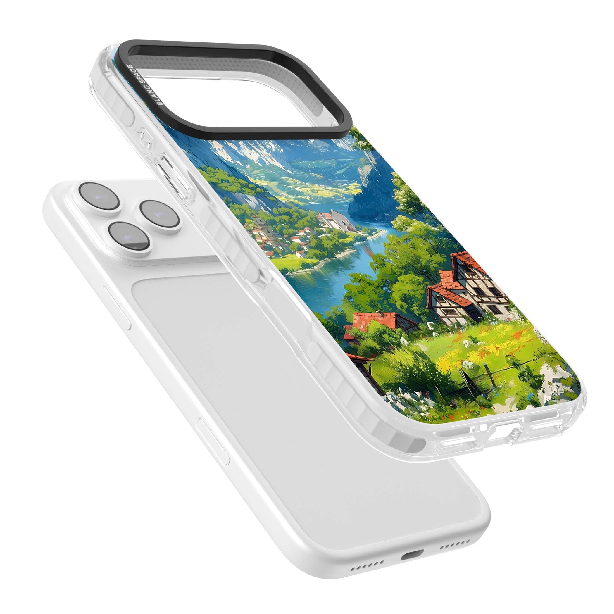 Village In The Valley anime iPhone case featuring a painted mountain village, river valley and half-timbered cottages. | Impact Magsafe case for iPhone 17 Pro, iPhone 17 Pro Max