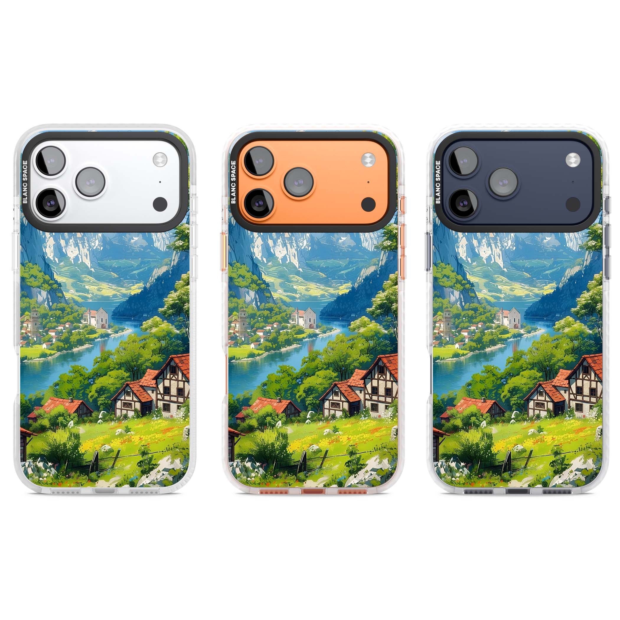 Village In The Valley anime iPhone case featuring a painted mountain village, river valley and half-timbered cottages. | Impact Magsafe case for iPhone 17 Pro, iPhone 17 Pro Max