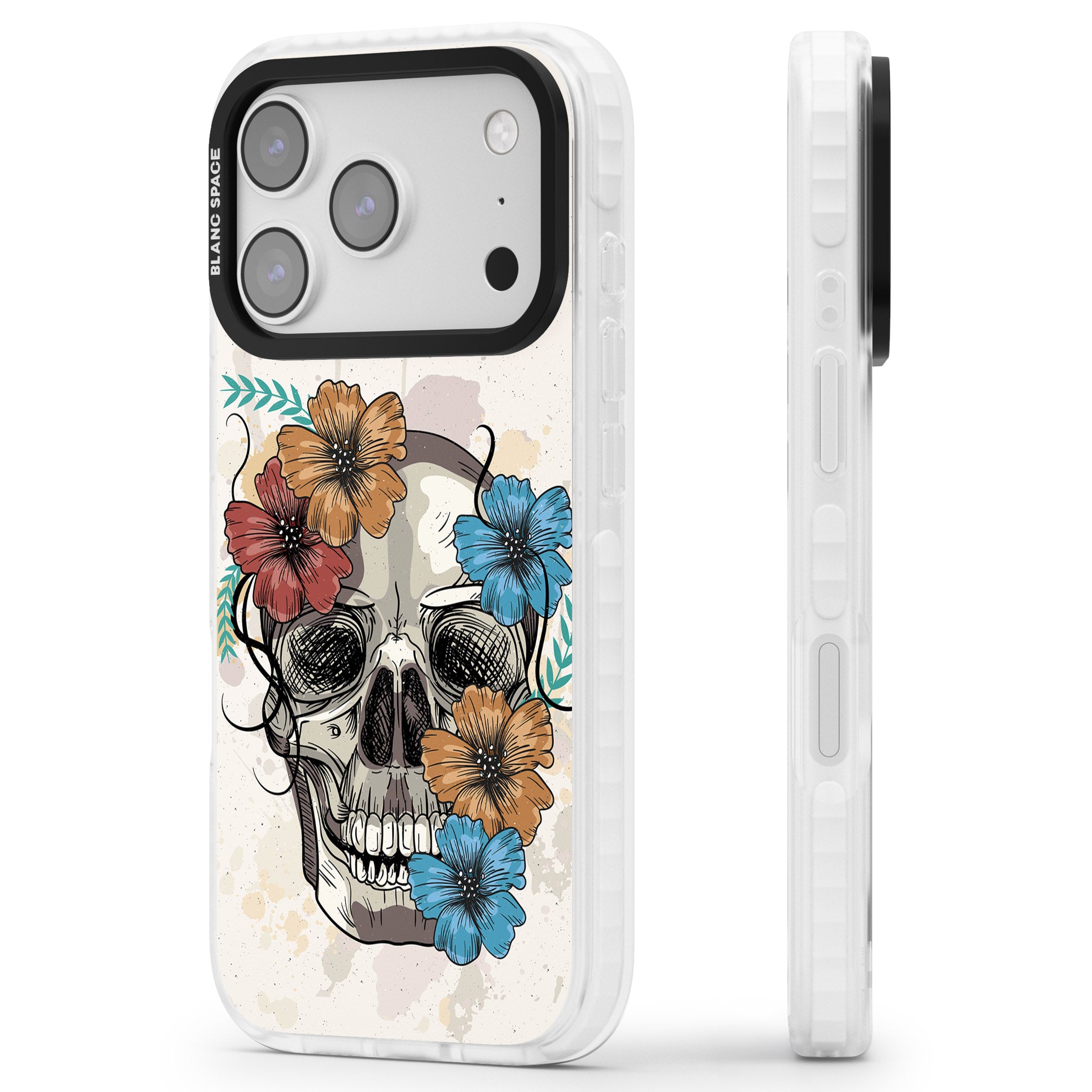 Sugar Skull Floral iPhone 17 Pro Max Impact Pro Clear Phone Case Side Profile